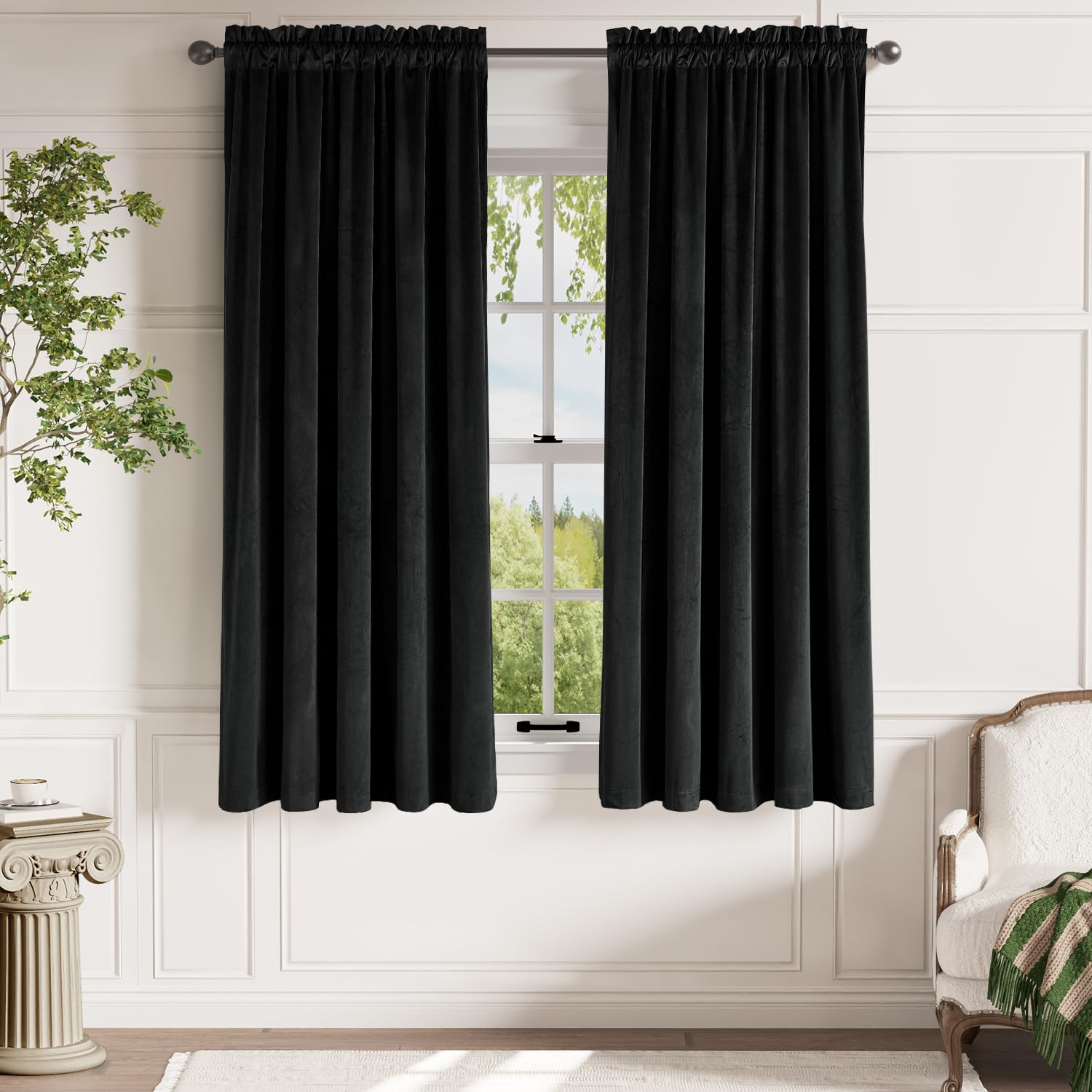 Lazzzy Velvet Black Curtains 72 Inches Long Thermal Insulated Drapes For Bedroom Living Room Darkening Window Treatments Rod Pocket 2 Panels
