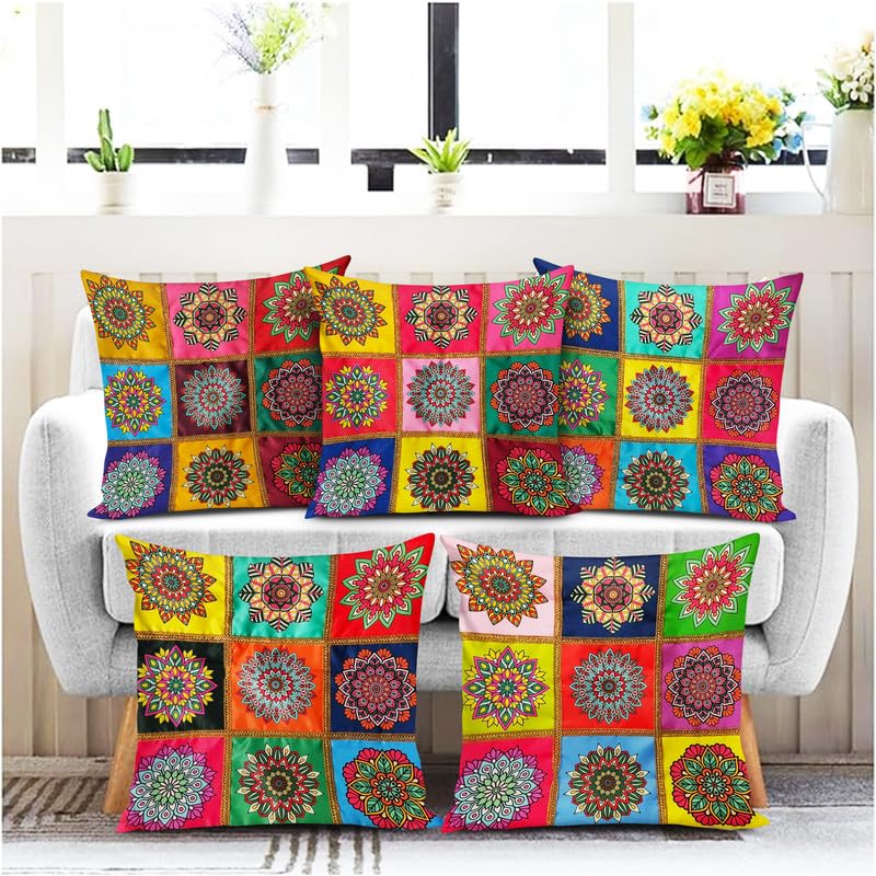 Dreamvio Polyester 200Tc Mandala Printed Cushion Cover For Bedroom, Living Room Sofa Set 16X16 Inch Multicolor Set Of 5