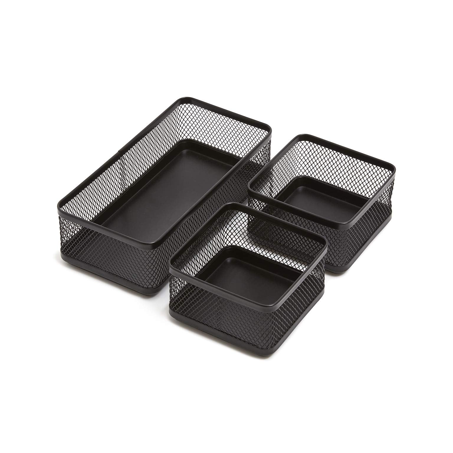 1Intheoffice Mesh Collection Desk Drawer Organizer Tray 3 Compartment - Stackable, Matte Black