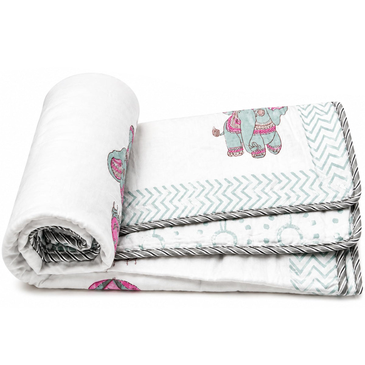Eksaaj Elephant Print Blanket Dohar | Hand Block Print Soft Mulmul Muslin Cotton Reversible Summer Blanket | Lightweight Kids Be