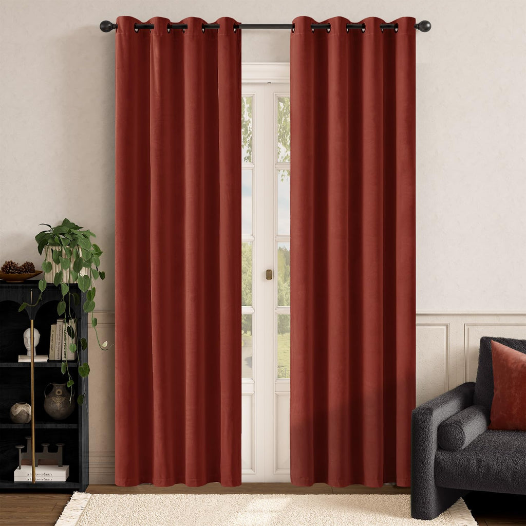 Lazzzy Orange Velvet Curtains Room Darkening Thermal Insulated Curtains 90 Inch Length Window Drapes For Bedroom Living Room Super Soft Luxury Grommetwindow Treatment 2 Panels, Rust Red