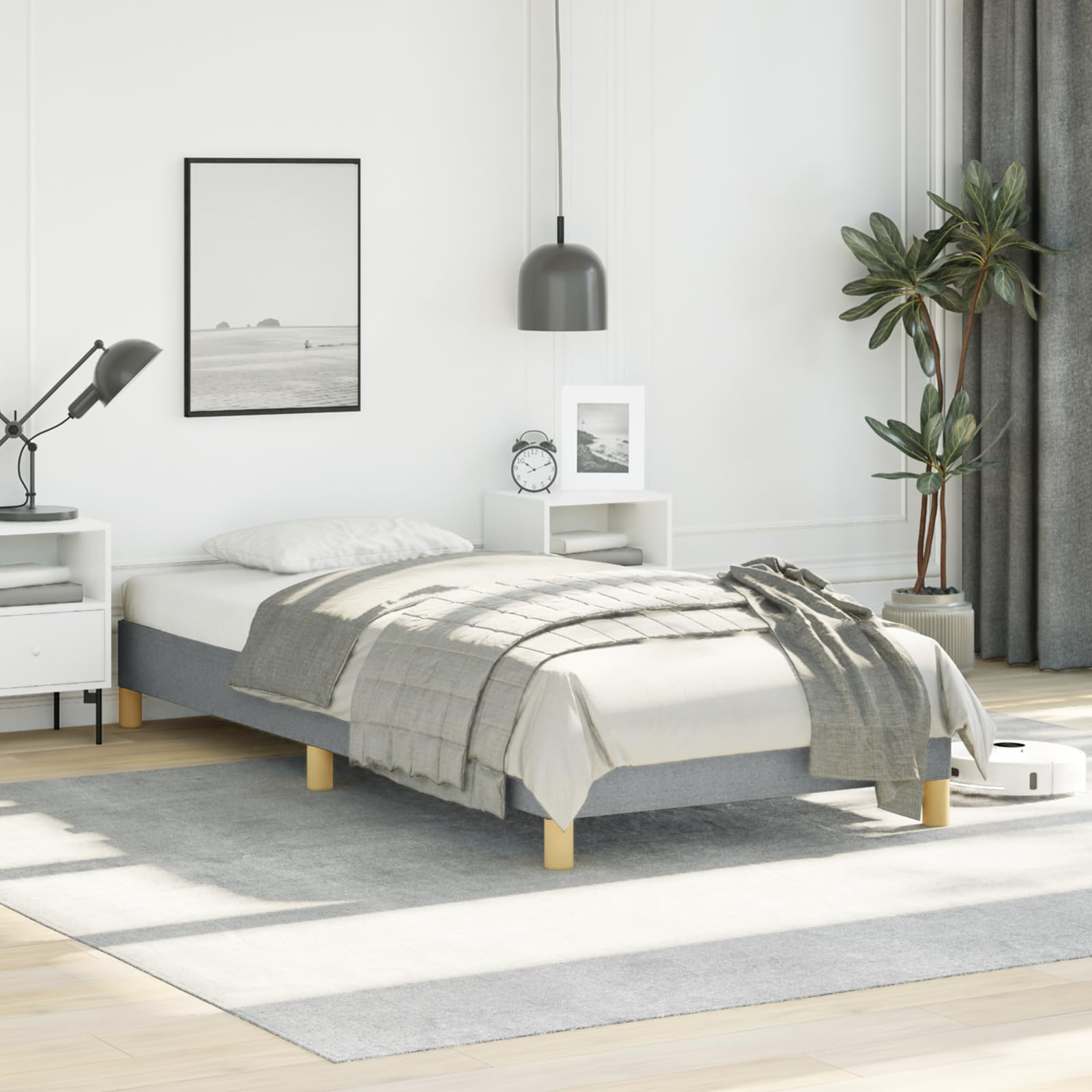vidaXL Twin Size Bed Frame with Plywood Slats, Platform Bed Frame, Fabric Upholstered Mattress Foundation, No Box Spring Needed & Easy Assembly, Light Gray, Without Mattress
