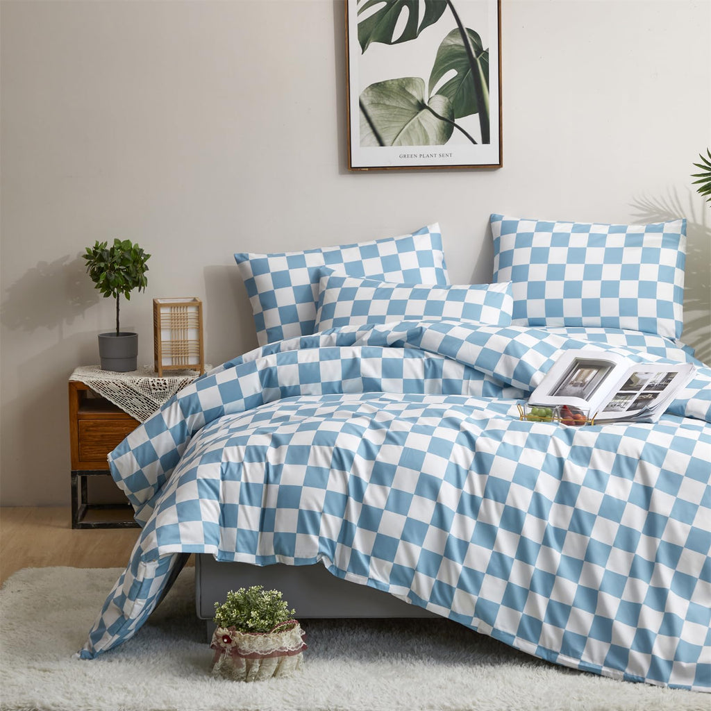 Clothknow Blue Plaid Queen Comforter Set 3Pcs Light Blue White Bedding Comforter Sets Grid Comforter Queen Checker Comforter Soft Boffalo Queen Size Comforter Sets