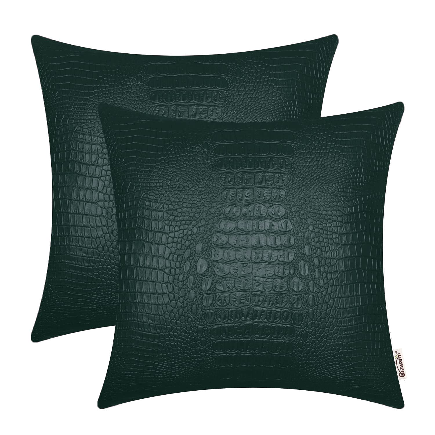 Brawarm Faux Leather Pillow Covers 18 X 18 Inches, Dark Green Leather Pillow Covers Pack Of 2, Crocodile Leather Decorative Thro
