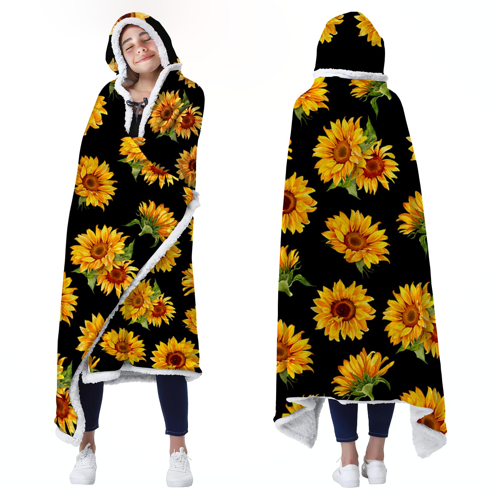 Bestshop Sunflower Blanket Hoodie For Women, Oversized Wearable Sherpa Fleece Oddie, Cozy Hoodie Blanket For Women, Warming Blan
