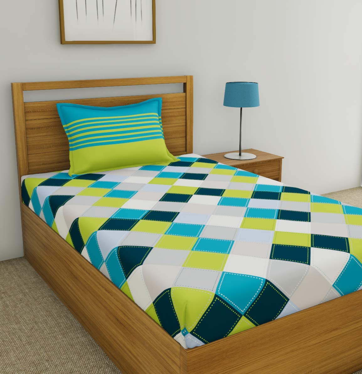 Huesland By Ahmedabad Cotton 144 Tc Cotton Single Bedsheet With 1 Pillow Cover  Blue, Green & Grey