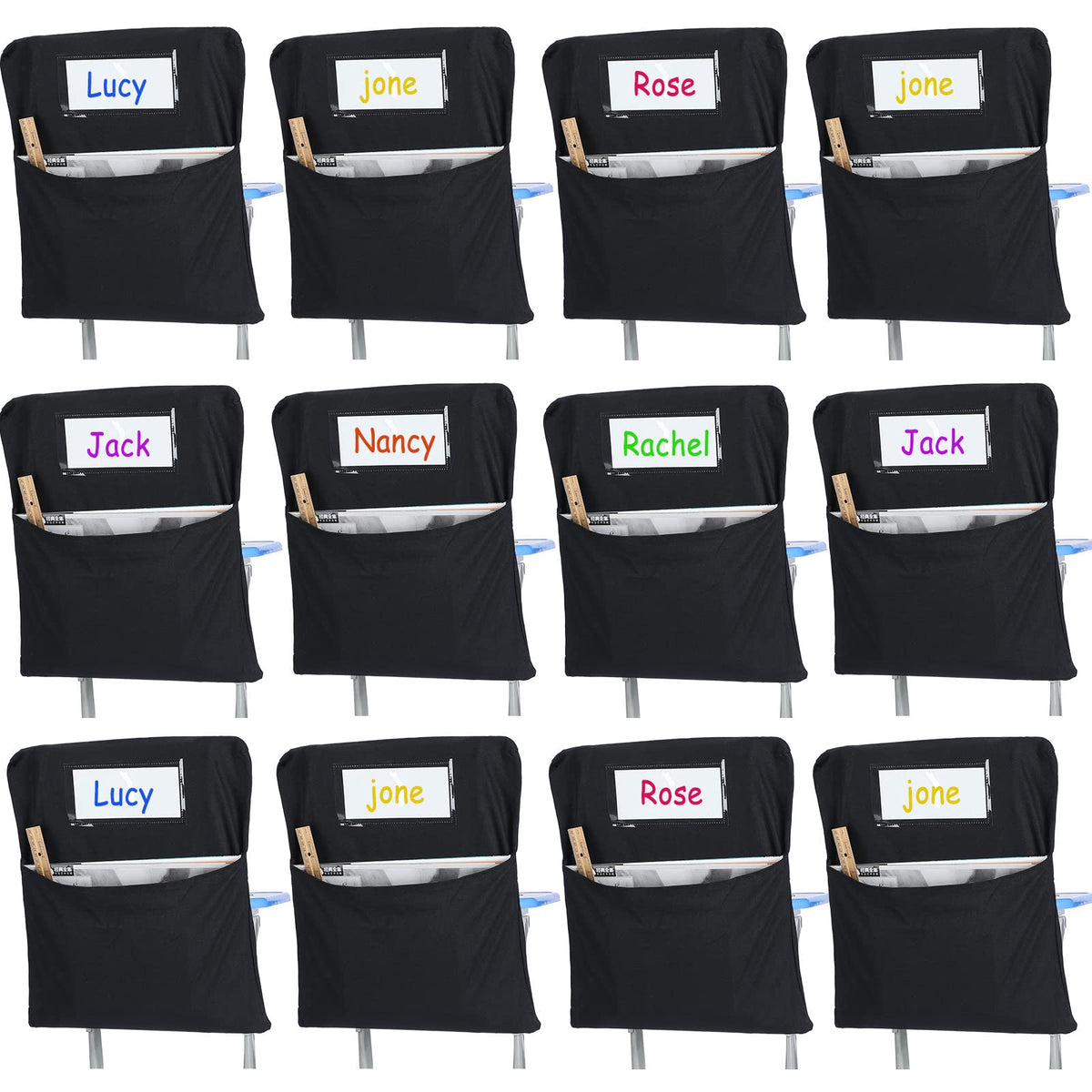 Maitys 12 Pack Canvas Chair Pockets for Classrooms 17 x 20 Inches Large Students Chair Bags with Name Tag Seat Pocket for Keepin