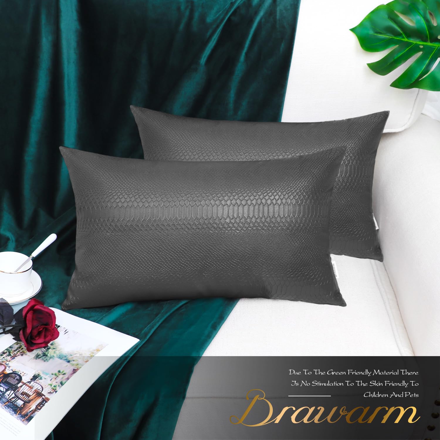 Brawarm Charcoal Gray Leather Throw Pillows 12 X 20 Inches, Snake Leather Pillow Covers Pack Of 2, Faux Leather Decorative Lumba