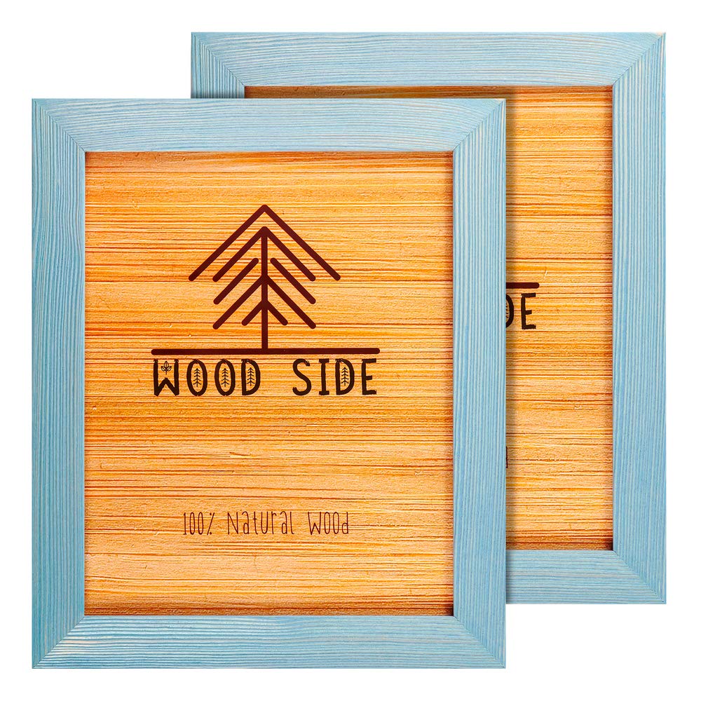 Rustic Wooden Picture Frame 8x10 - Blue Turquoise Set of 2 - Natural Eco Solid Wood and High Definition Real Glass for Wall Moun