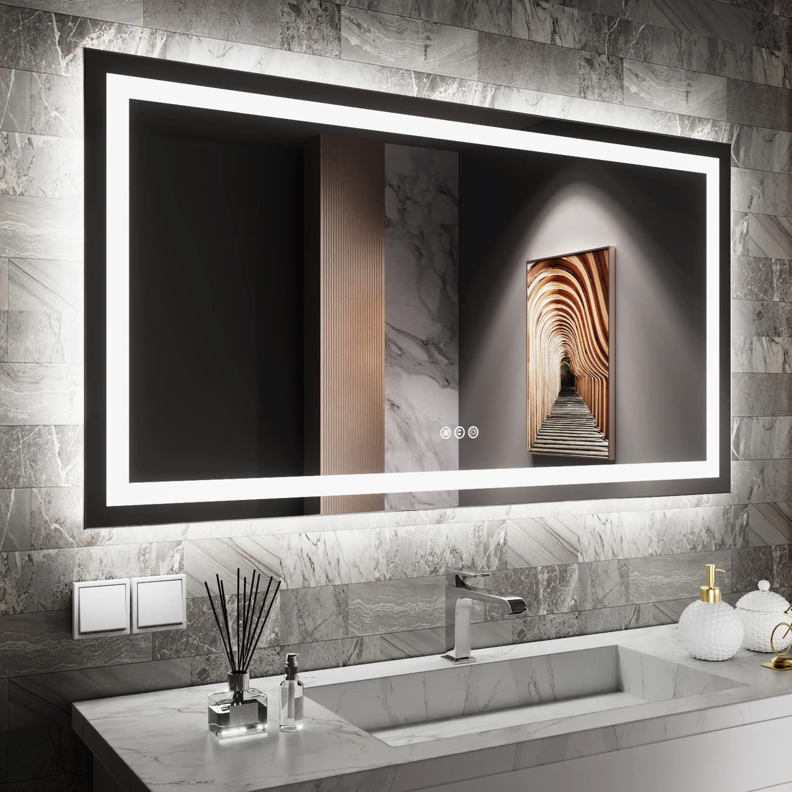 Amorho 55x 30 LED Bathroom Mirror with Black Frame, Front Light and Backlit(Controlled Separately), Stepless Dimmable, Anti-Fog,