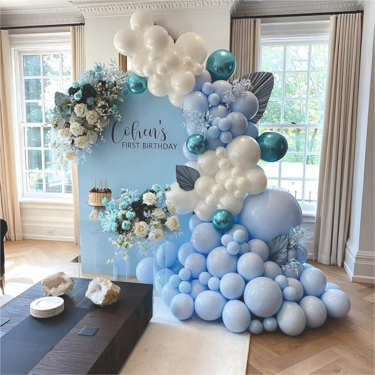Yours Decor Pastel Blue, White Balloons With Blue Chrome And Silver Confetti Balloons Garland Set Of 61 Pcs For Birthday Decorat
