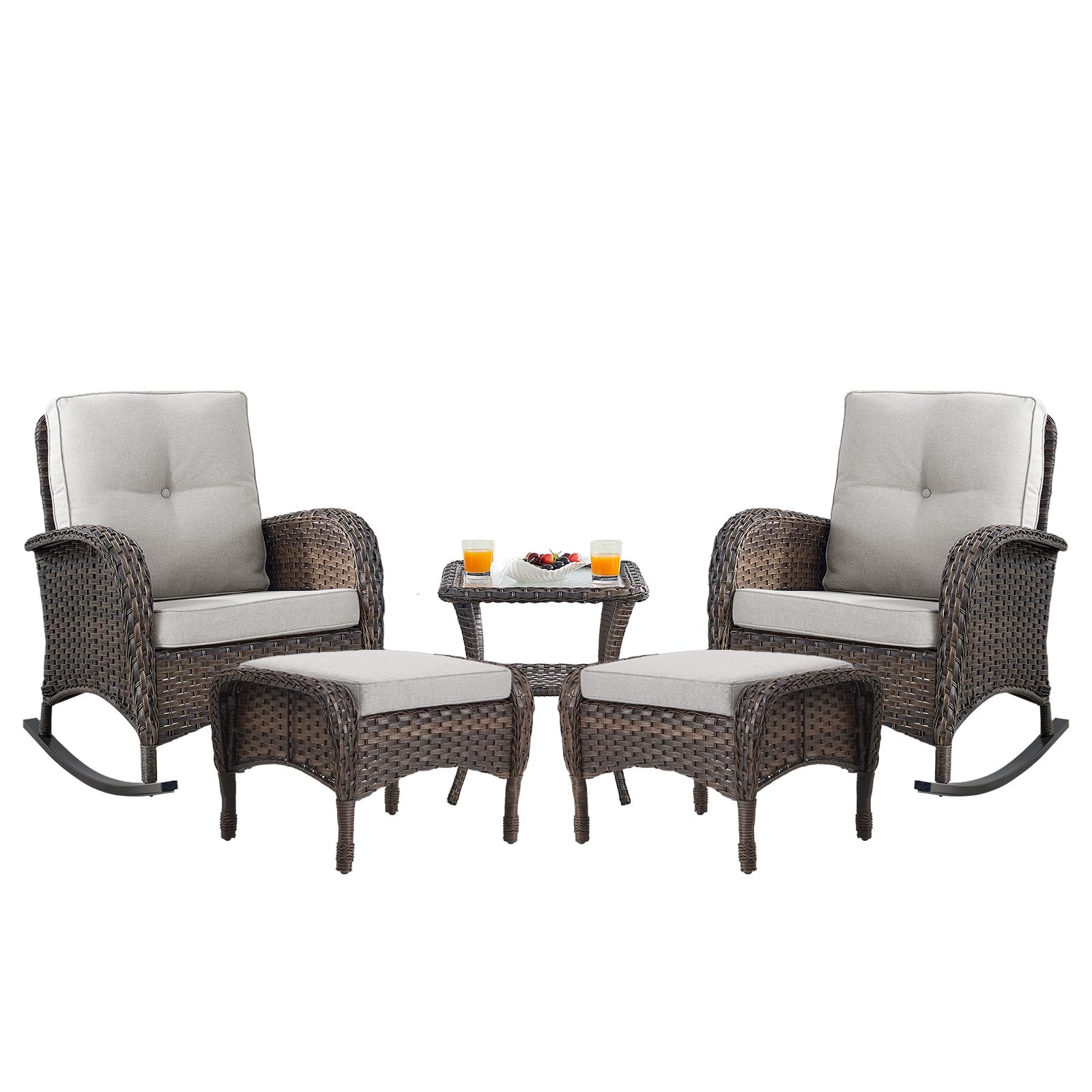 Belord Patio Rocking Chairs Furniture Set - 5 Piece Outdoor Wicker Furniture Sets With Ottomans, Small Patio Conversation Sets With Wicker Rocking Chairs Brown/Beige