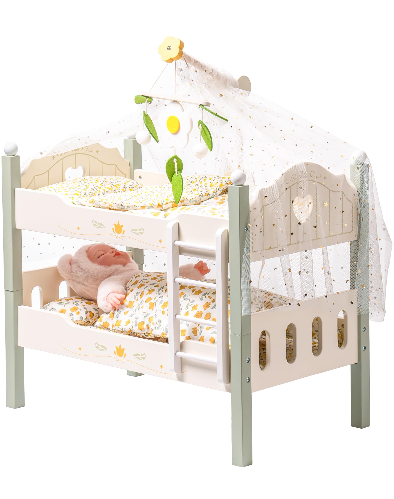 ROBOTIME Baby Doll Bunk Bed, Wooden Doll Crib for 18 Inch Dolls, American Girl Doll Furniture Toy with Bedding (Green, 2 Pcs Bed