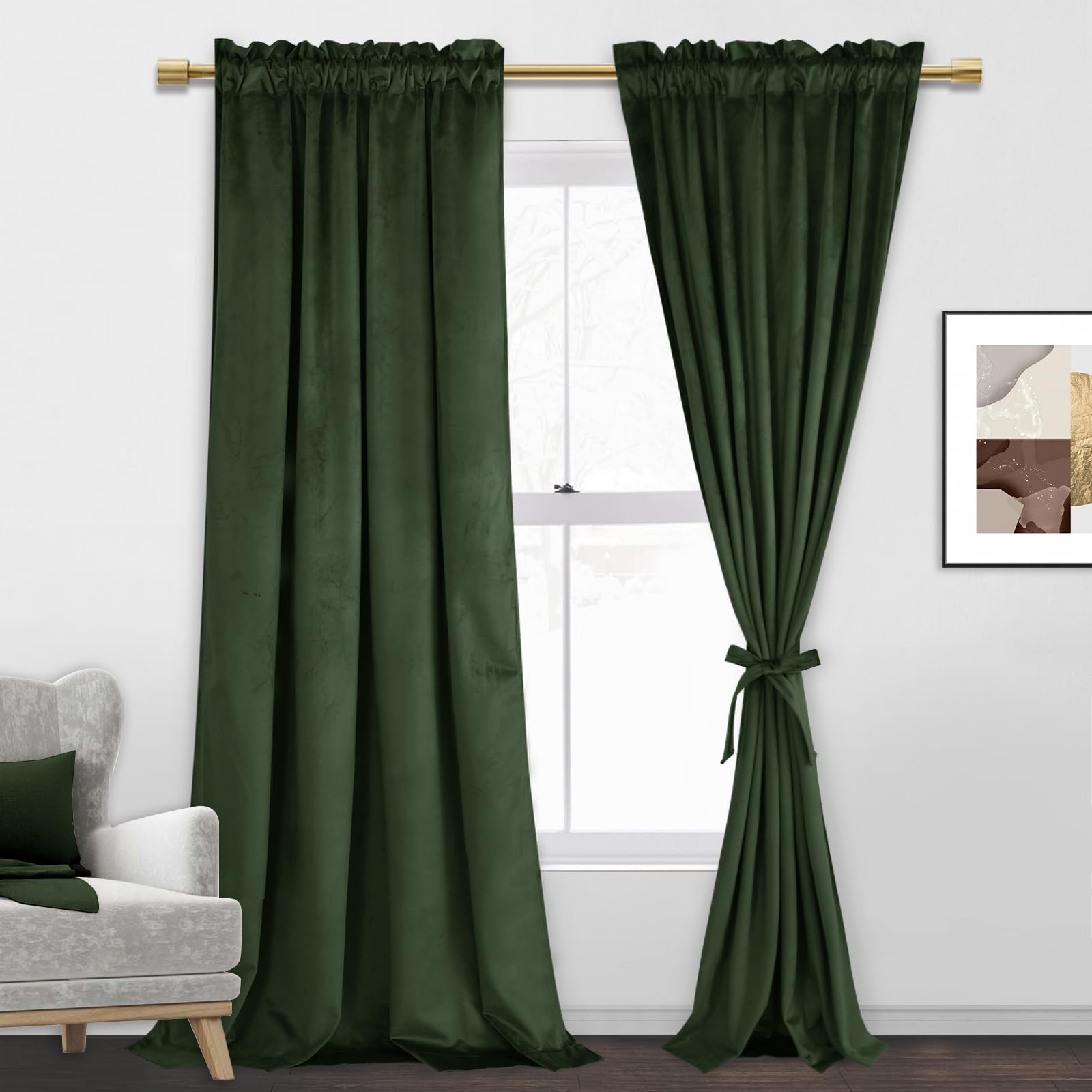 Jiuzhen Oliver Green Velvet Curtains 90 Inches For Living Room - Soft Retro Blackout Velvet Drapes Rod Pocket Room Darkening The