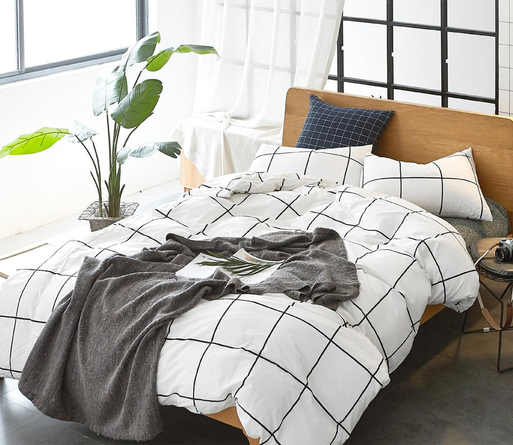 Clothknow White Plaid Comforter Set King 3Pcs White Black Grid Bedding Comforter Sets Checker Comforter King Size White Black Ki