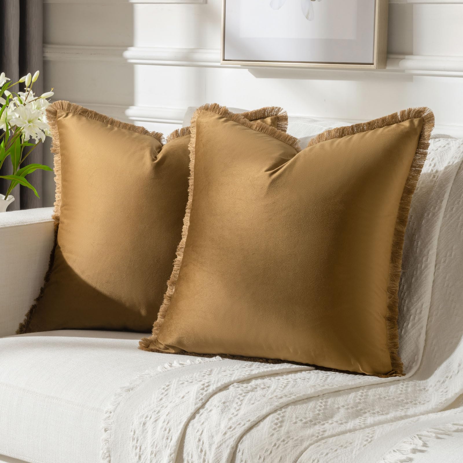 Futei Brown Boho Throw Pillow Covers With Tassels 22X22 Inch Set Of 2,Soft Velvet Decorative Cushion Case,Home Decor For Couch B