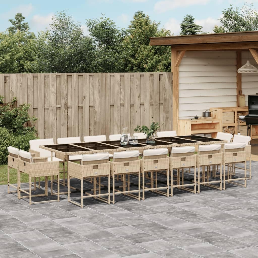 vidaXL 17-Piece Patio Dining Set - Outdoor Garden Furniture with Cushions, Glass Top - Beige Poly Rattan