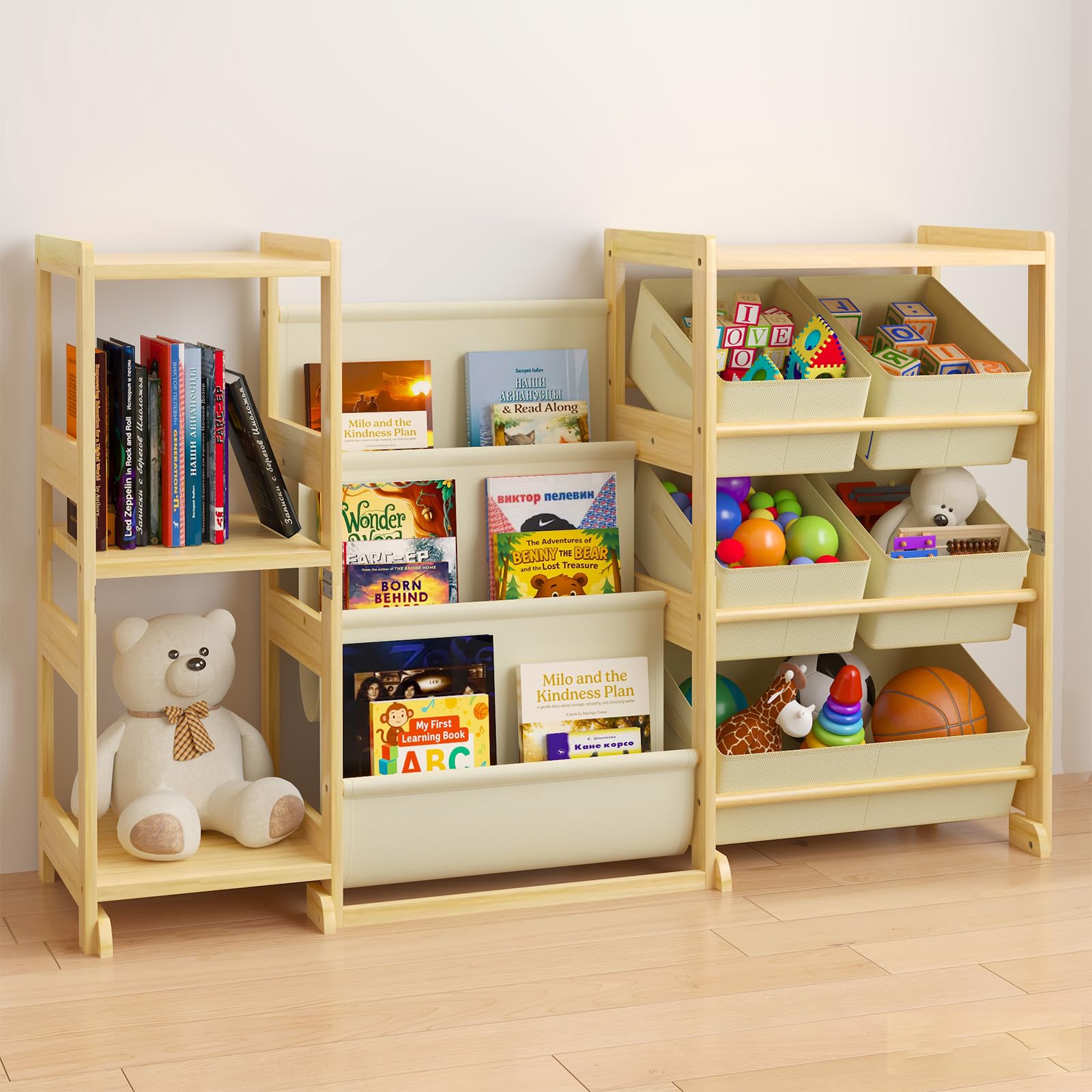 Kids Bookshelf and Toy Storage Organizer with 3-Tier Book Display and Shelves, Kids Toy Organizers and Storage with Bins, Book S