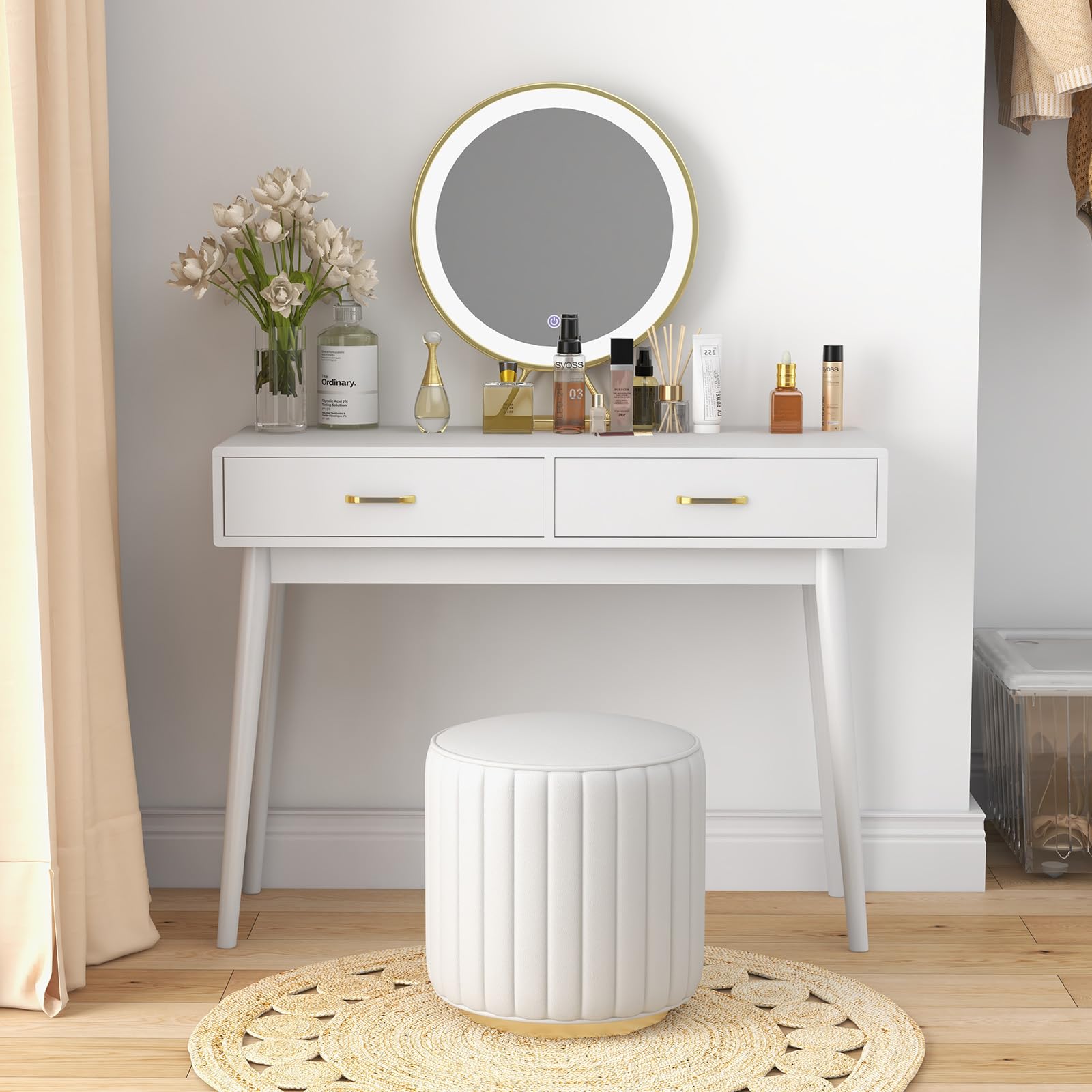 FUNKOCO White Small Desk with Drawers - 40 Inch Home Office Study Writing Desk for Bedroom, Vanity Desk with 4 Solid Legs, Moder