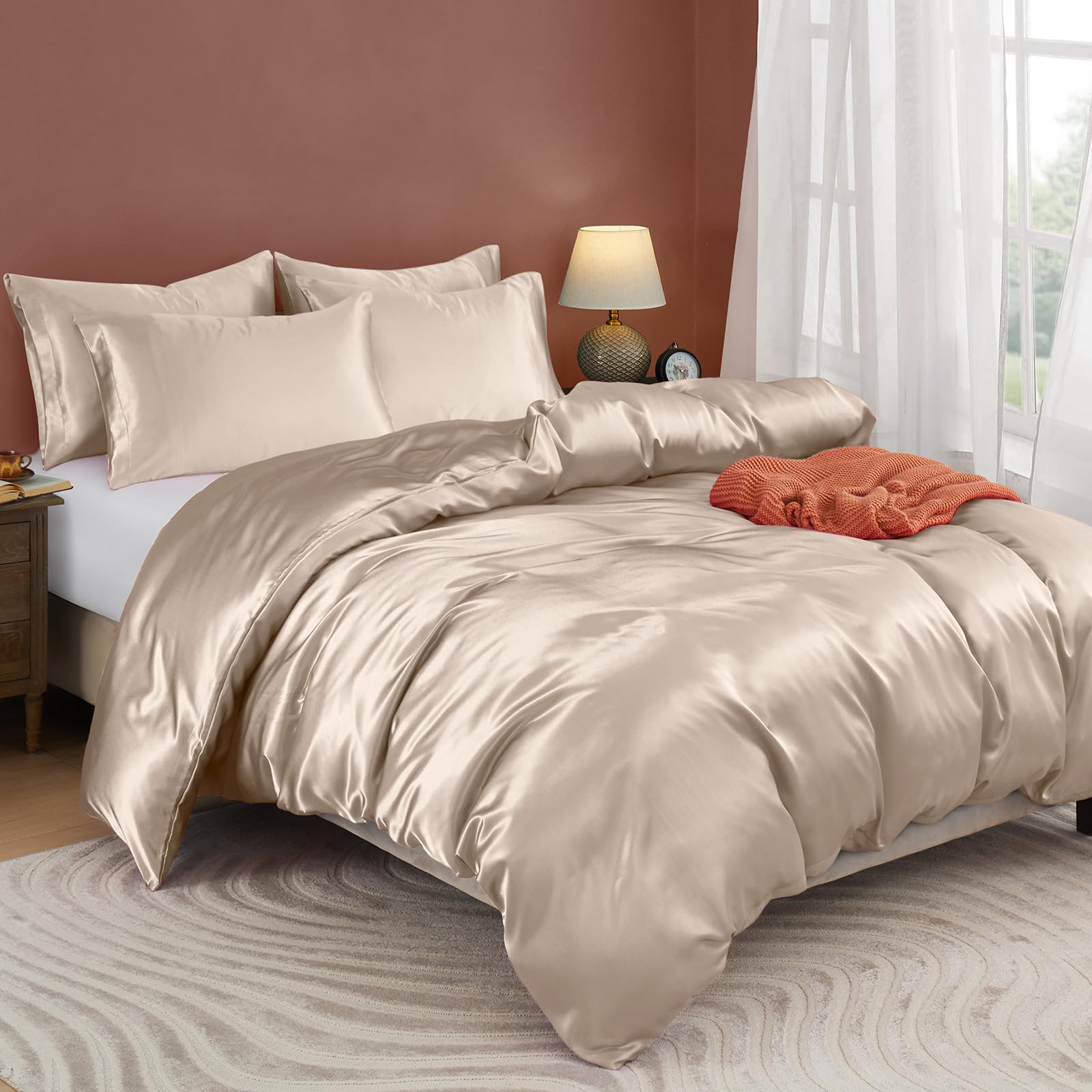 Horbaunal 5 Pieces Satin Duvet Cover Set Queen/Full Size Khaki Duvet Cover With Corner Ties & Zipper Closure, Luxury & Silky Bed