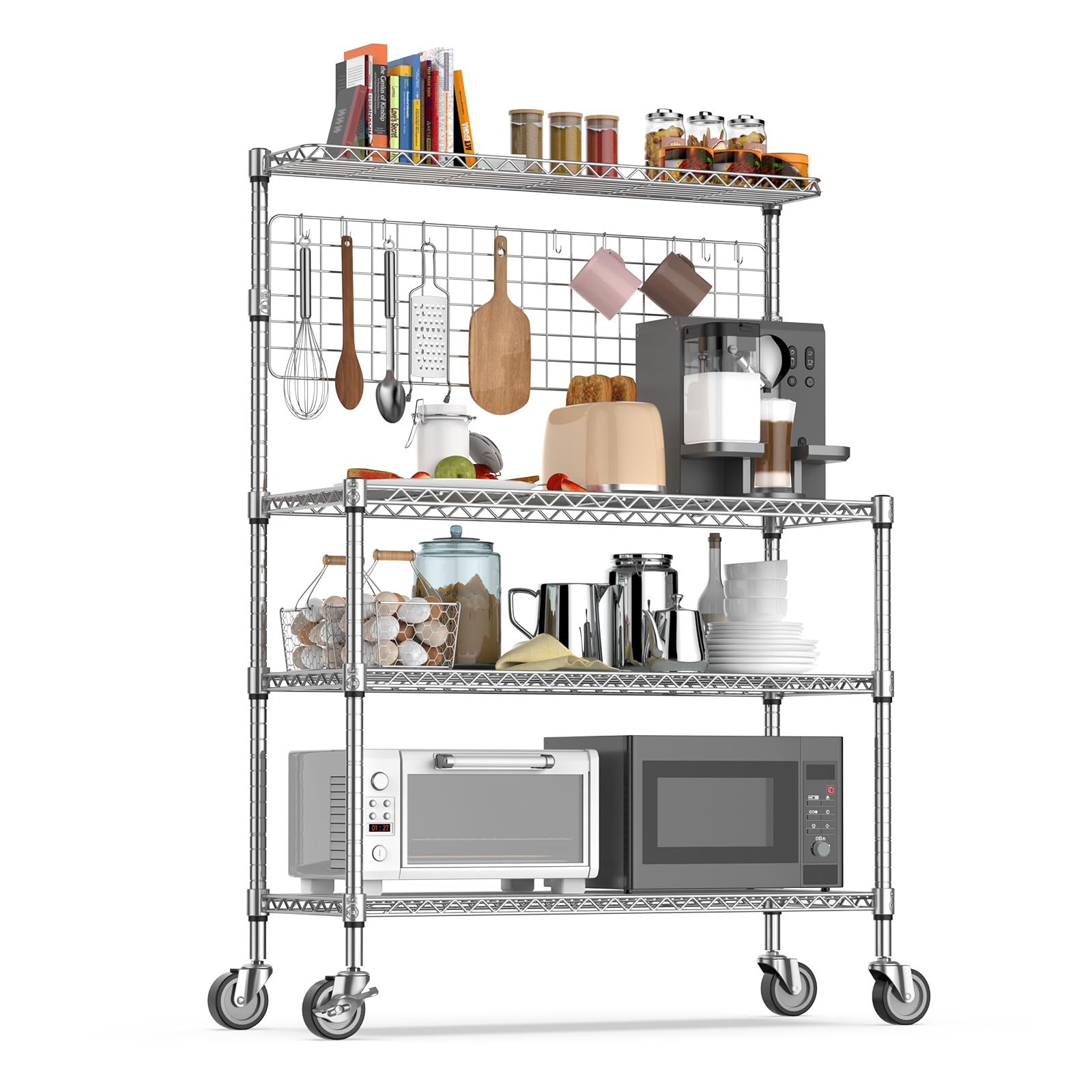 Leteuke Kitchen Bakers Rack, NSF Certified 4-Tier Microwave Stand with Wheels 20 S-Hooks, Adjustable Heavy Duty Storage Rack Com
