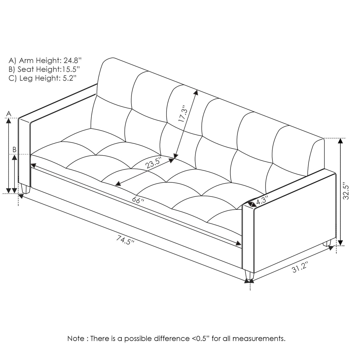 Furinno Brive Contemporary Tufted Faux Leather 3-Seater Sofa Couch For Living Room, Black Faux Leather