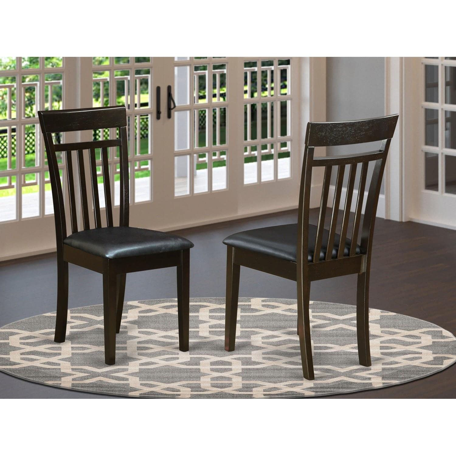 East West Furniture Capri Kitchen Dining Faux Leather Upholstered Wooden Chairs, Set of 2, Cappuccino