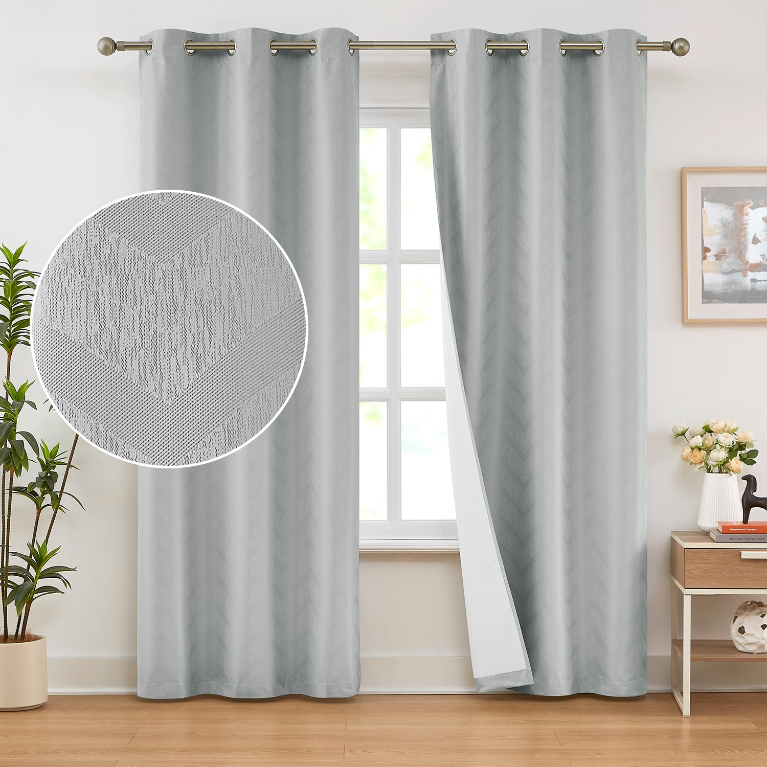 Chevron Full Blackout Window Curtains For Bedroom Grey 84' Energy Saving Noise Reducing Panels With White Backing Jacquard Wove