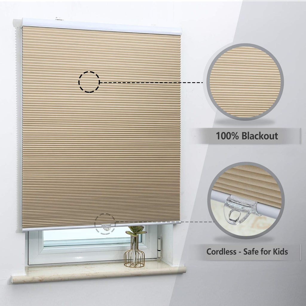 Cellular Shades Cordless Blackout Honeycomb Blinds Fabric Window Shades Ivory Beige(Blackout), 24'' W X 38'' H