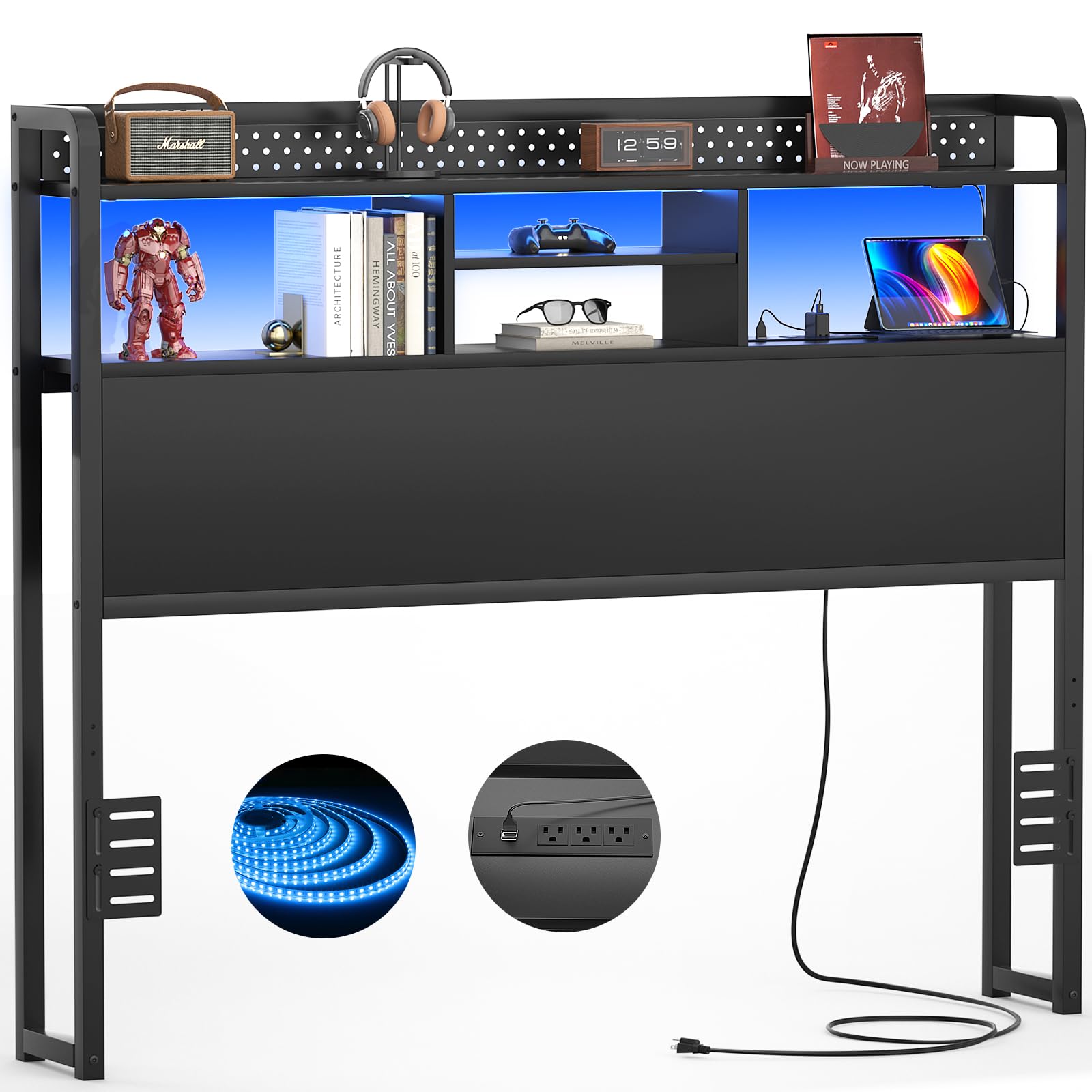 Unikito Headboard for Full Size Bed with Storage Shelf, Head Board with 3 Outlets and 2 USB Ports, Headboards with RGB LED Light