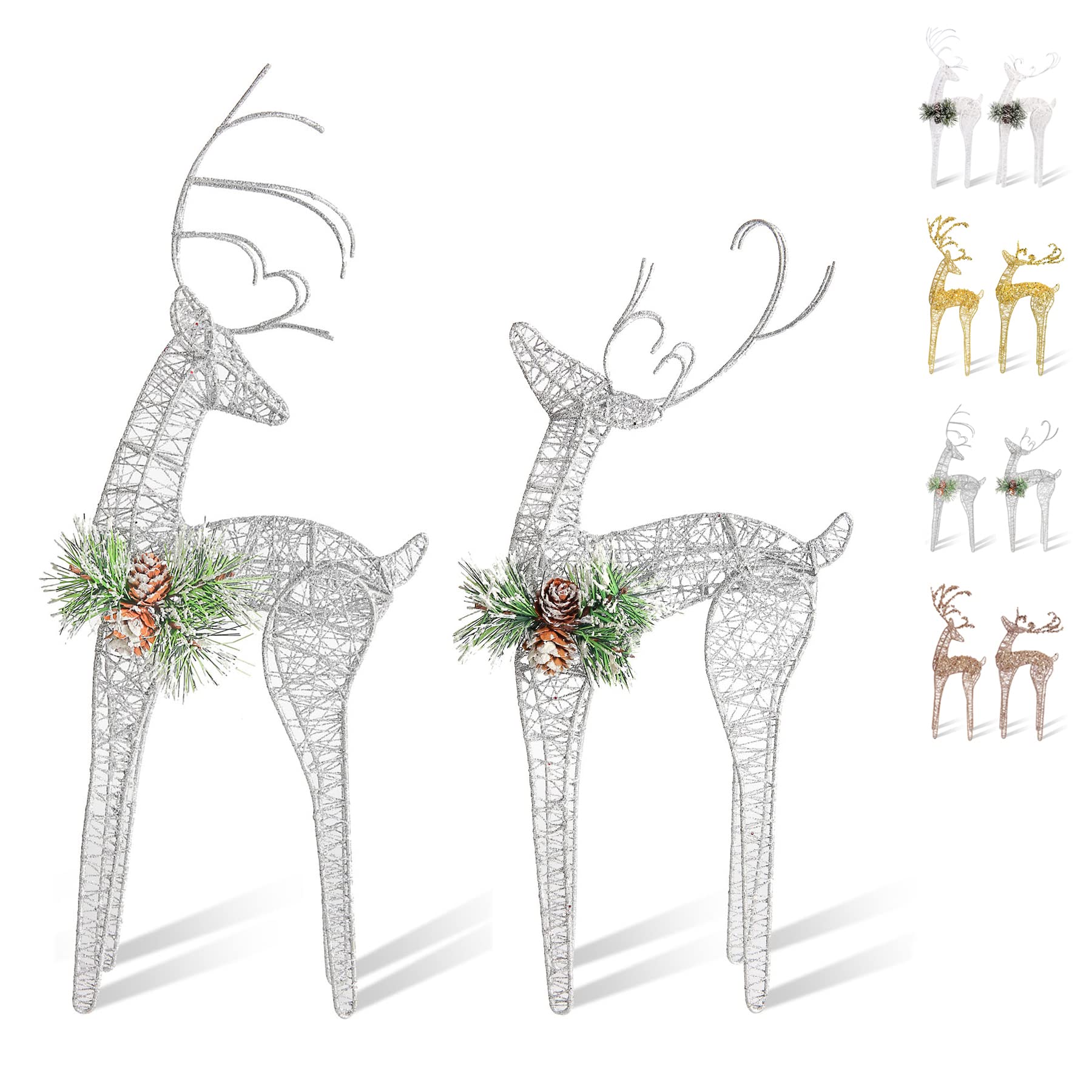 ZHANYIGY 2pc Set White Pinecone Rattan Silver Thread String Christmas Reindeer Figurine Table Desk Decorations Glittering Xmas H