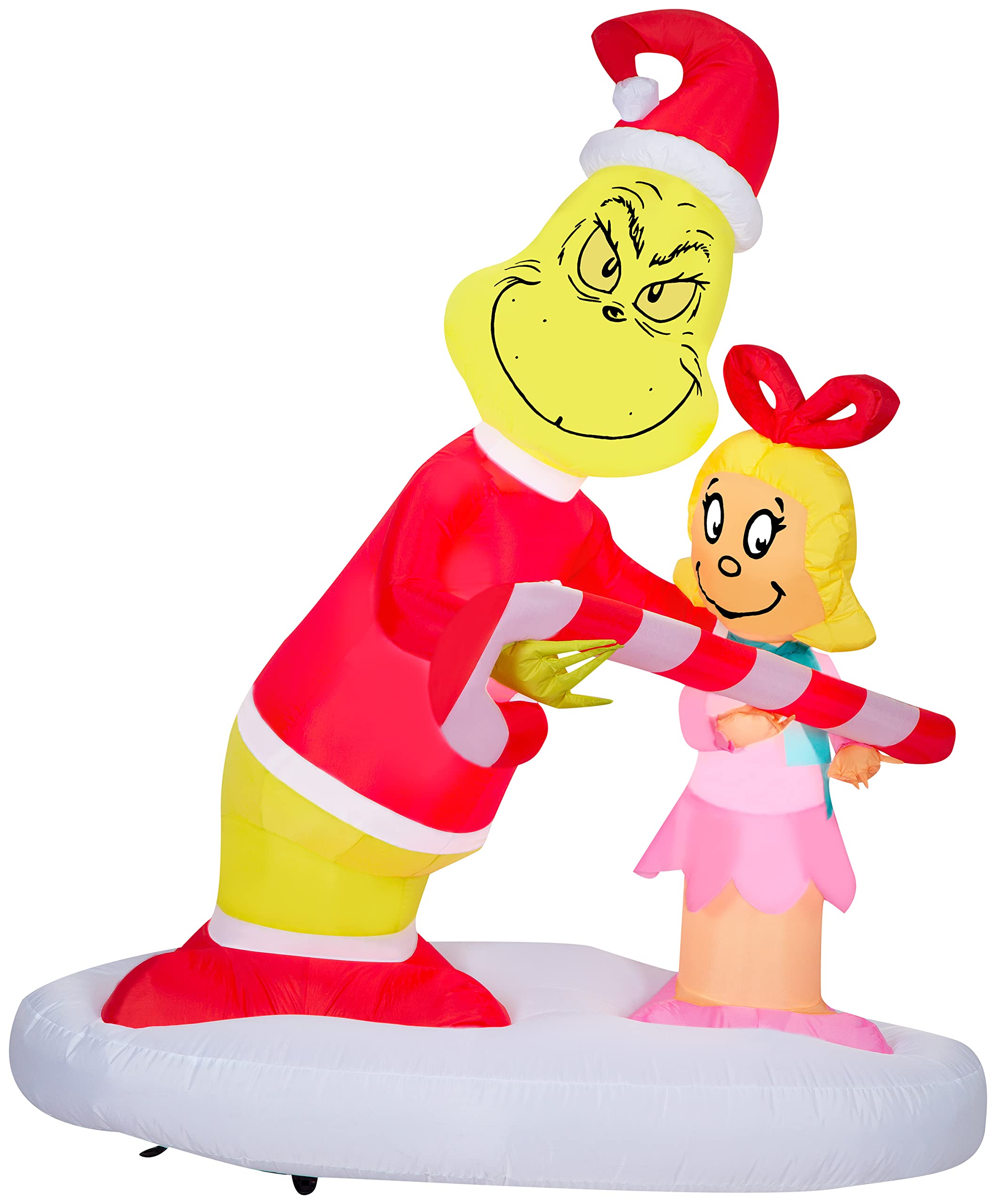 Gemmy Airblown Inflatable Grinch Passing Out Candy Canes to Cindy Lou Scene Dr. Seuss, 5.5 ft Tall