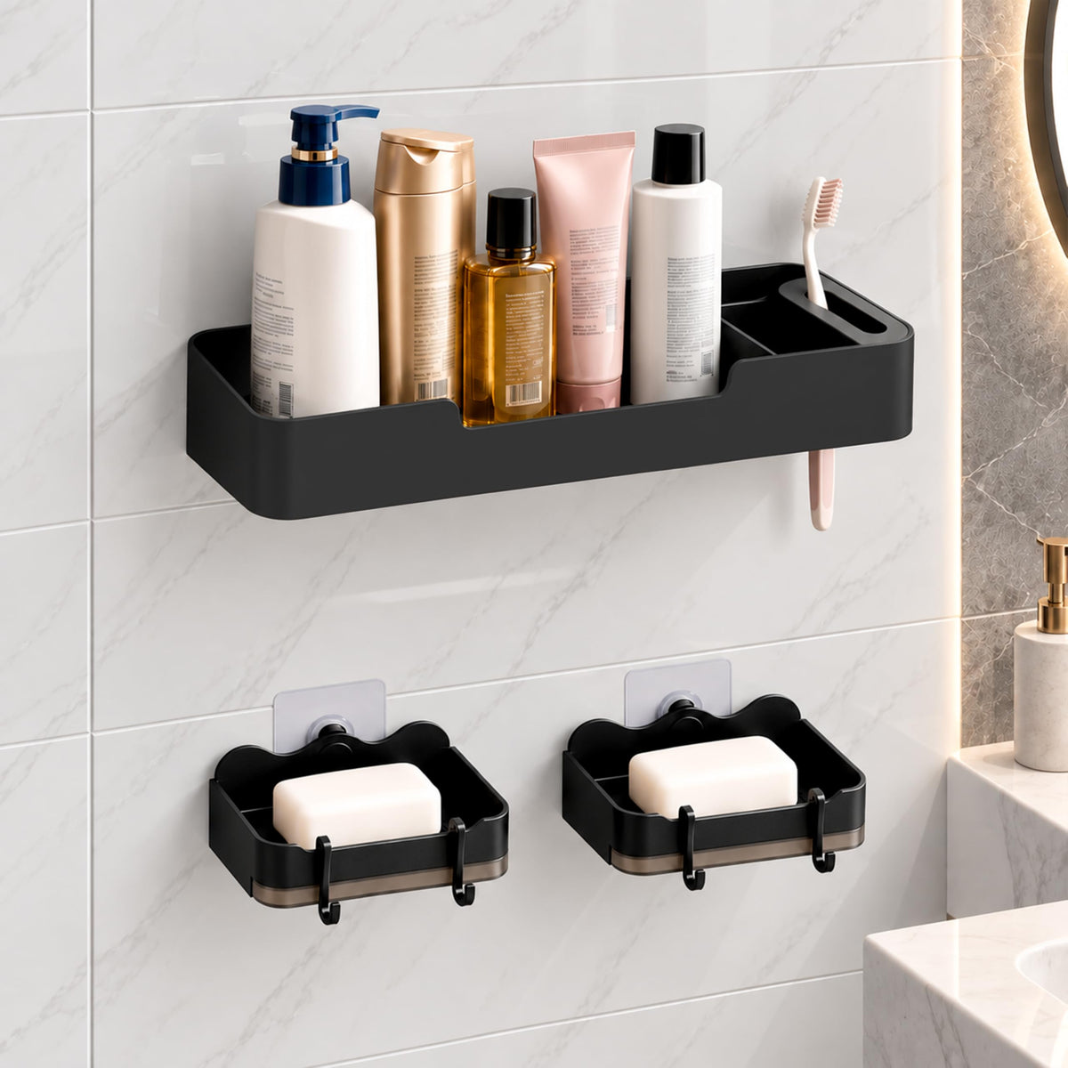 Tag On Wall Mounted Bathroom Shelf With Soap Holders, Black Bathroom Organizer Rack, Shower Storage Caddy For Shampoo, Soap, Too