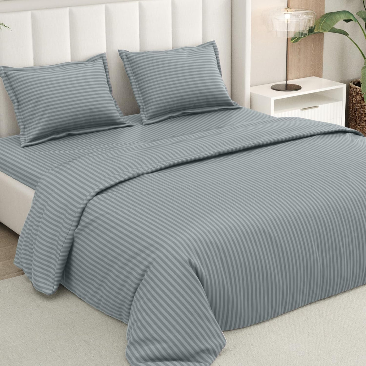 Rivermoor Ultrasoft Bedsheet for Double Bed | Queen Size Bed Sheet with 2 Pillow Covers | Grey Satin Stripe | 90 x 98 Inches | B