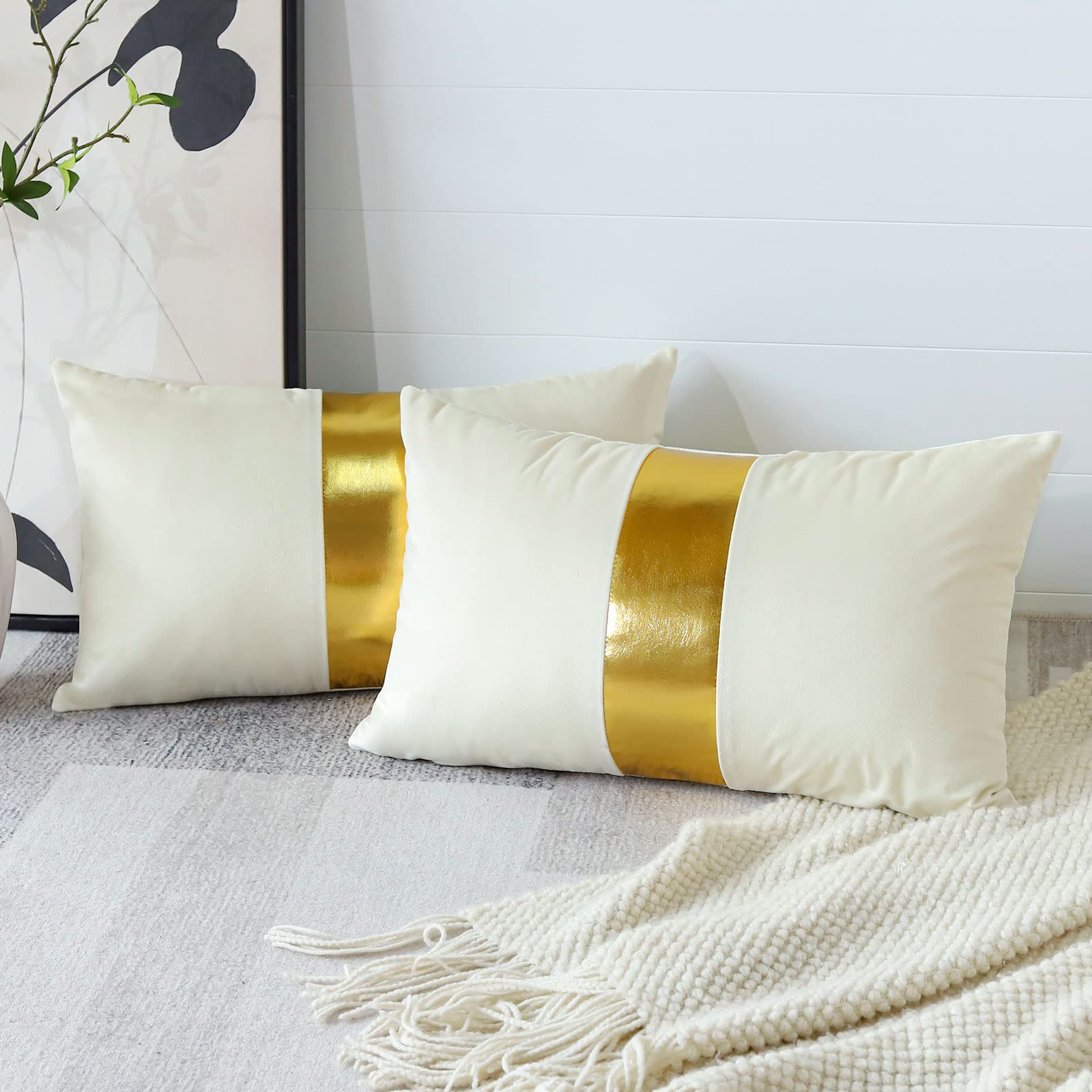 Artscope White Beige Velvet Throw Pillow Covers With Gold Leather Stitching Luxury Modern Minimalist Rectangular Pillowcase Cush