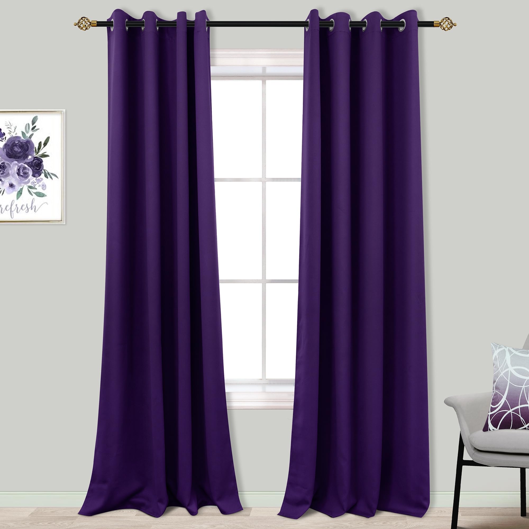 Mrs.Naturall 96 Inches Long Royal Purple Blackout Curtains for Living Room 2 Panels Set Thermal Insulated Grommet Cold Blocking 