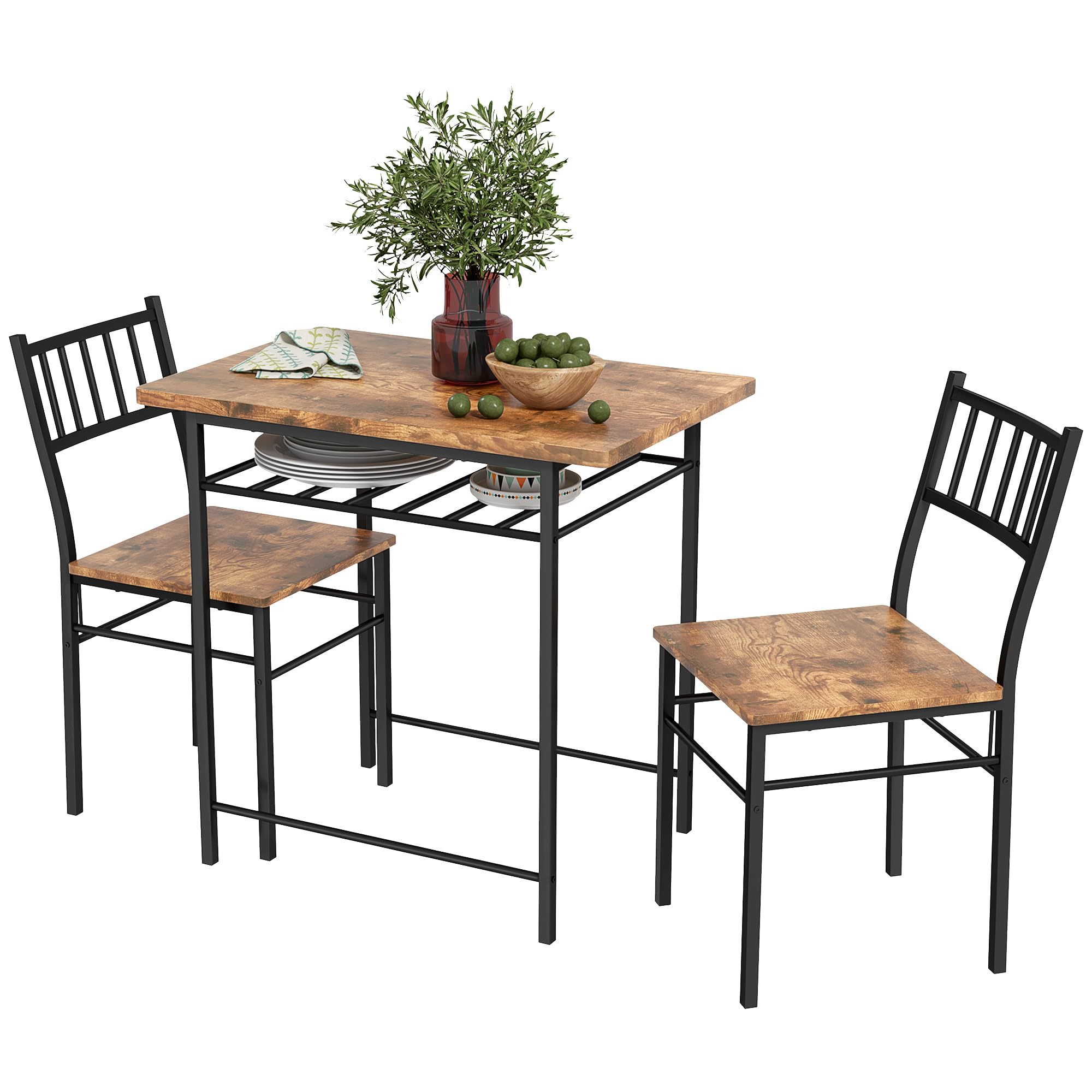 HOMCOM 3-Piece Dining Table Set for 2, Small Kitchen Table and Chairs with Built-in Storage Rack and Steel Frame, for Breakfast 