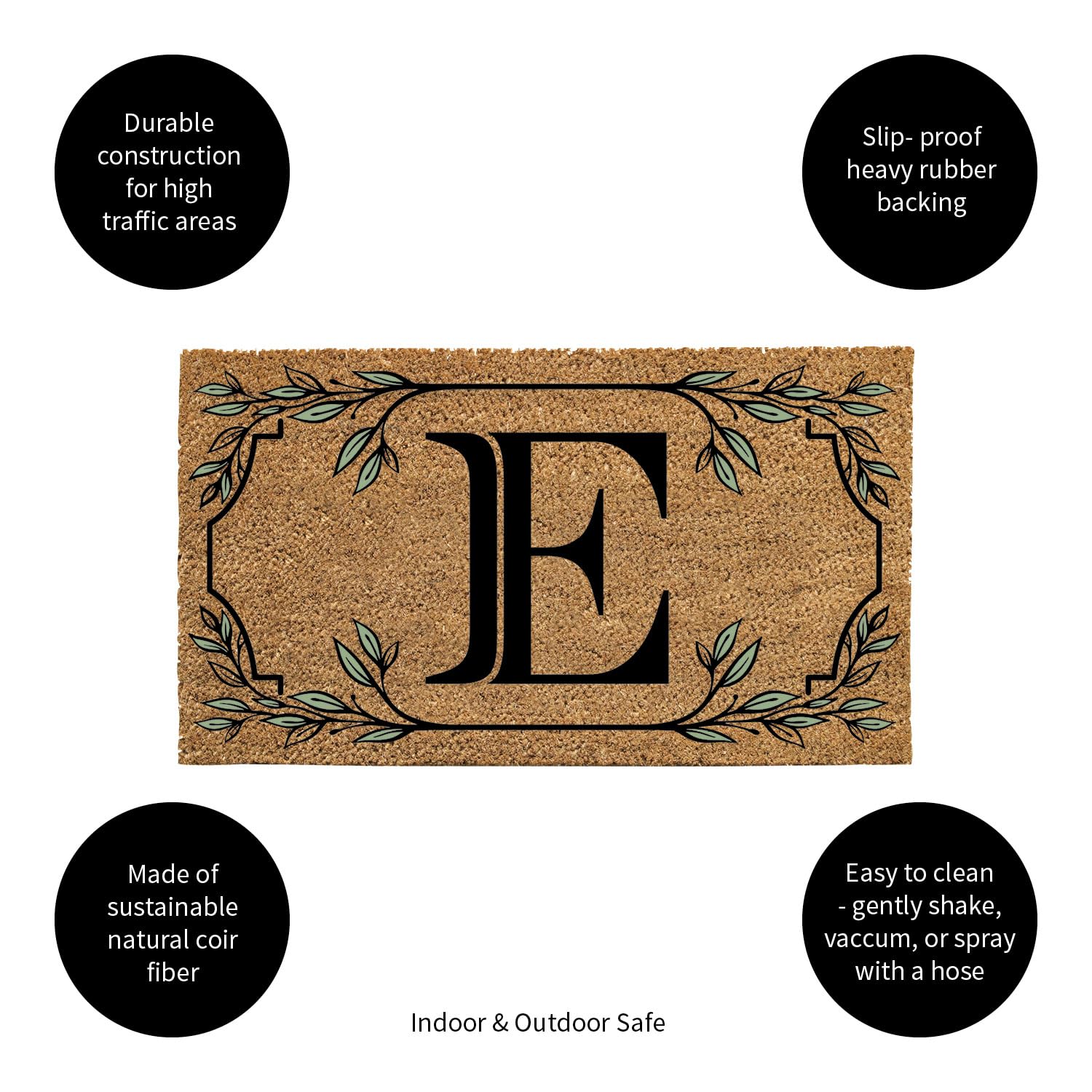 Evergreen Monogram Coir Doormat | Letter E | Front Door Mat For Outdoor Indoor Entrance | 28X16 Inches | Non-Slip Backing Doorwa