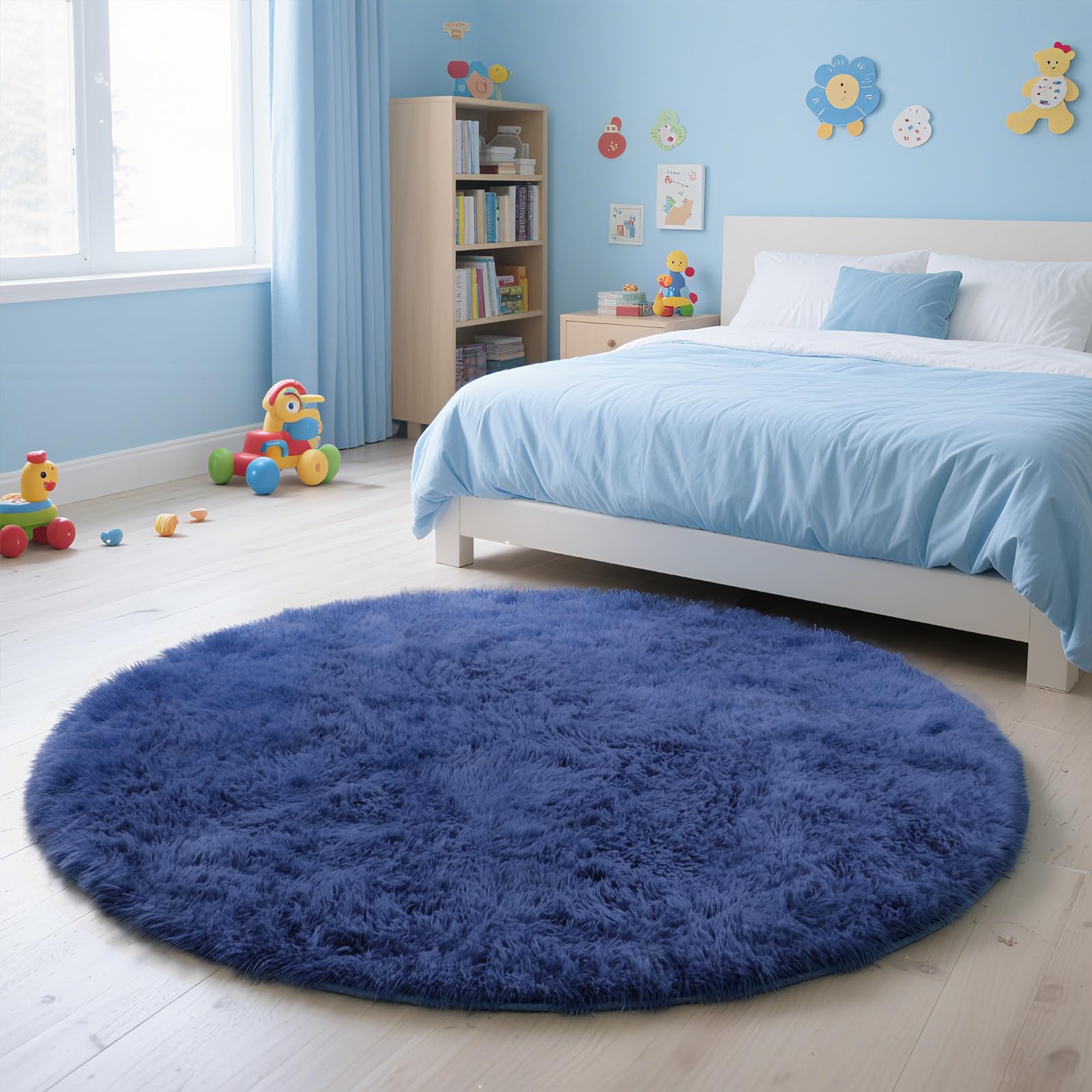 yulidayang Blue Fluffy Round Area Rugs for Bedroom,5'X5'Shag Circle Area Rugs for Living Room,Non Slip Fuzzy Plush Rug for Kids 