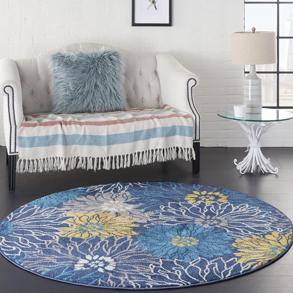 4 Round Blue Tropical Flower Area Rug