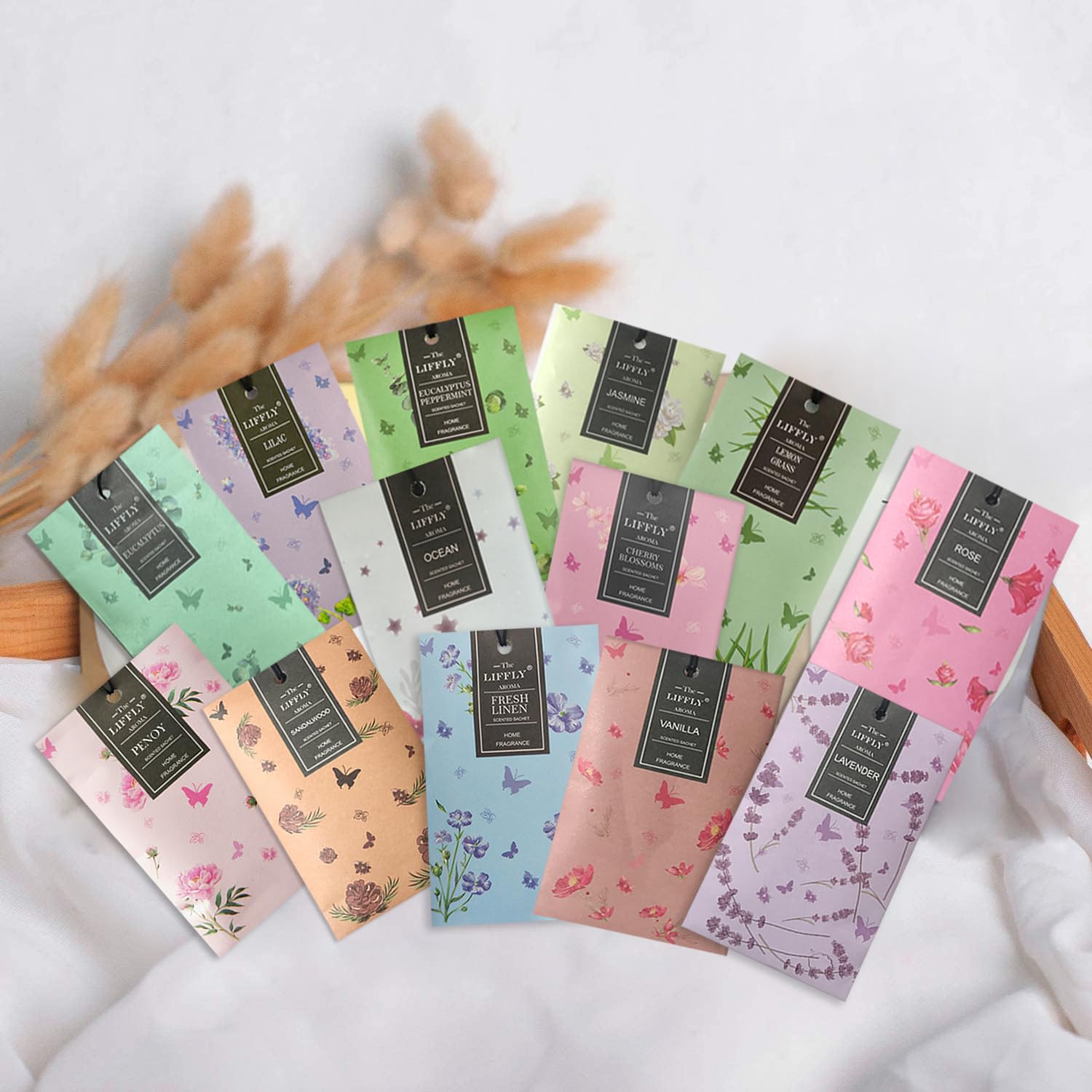 LIFFLY 13 Scents Scented Sachets for Drawers and Closets 14 Packs Lavender Rose Jasmine Ocean Vanilla Sandalwood Fresh Linen Che