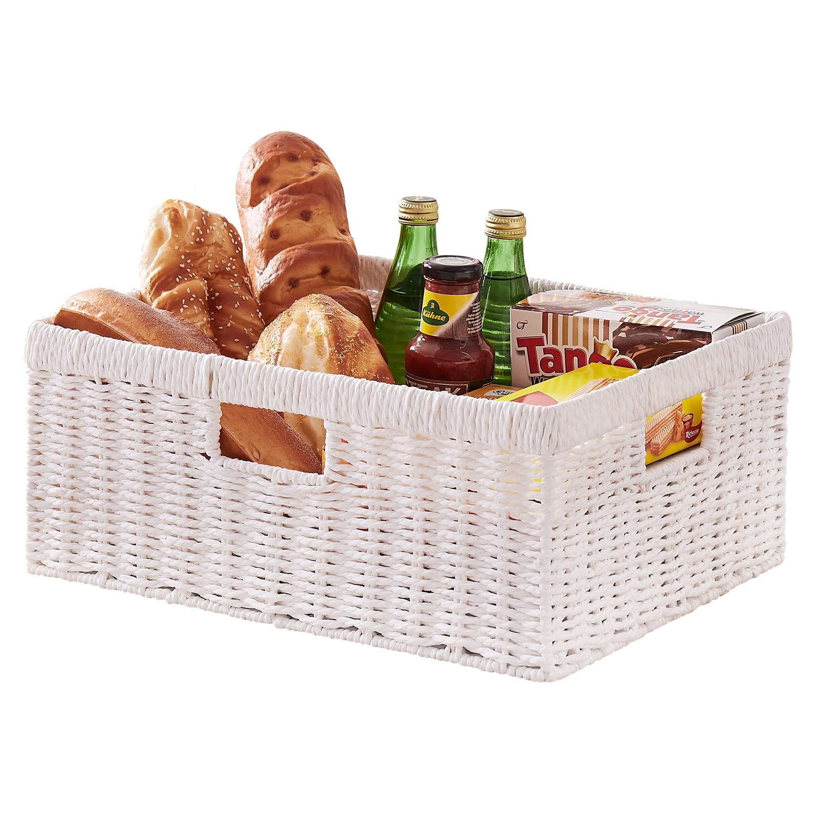 OIAHOMY Wicker Basket, Paper Shelf Basket with Built-in Handles, Rectangular Wicker Storage Bin for Pantry, Shelves, 1 Pack-Whit
