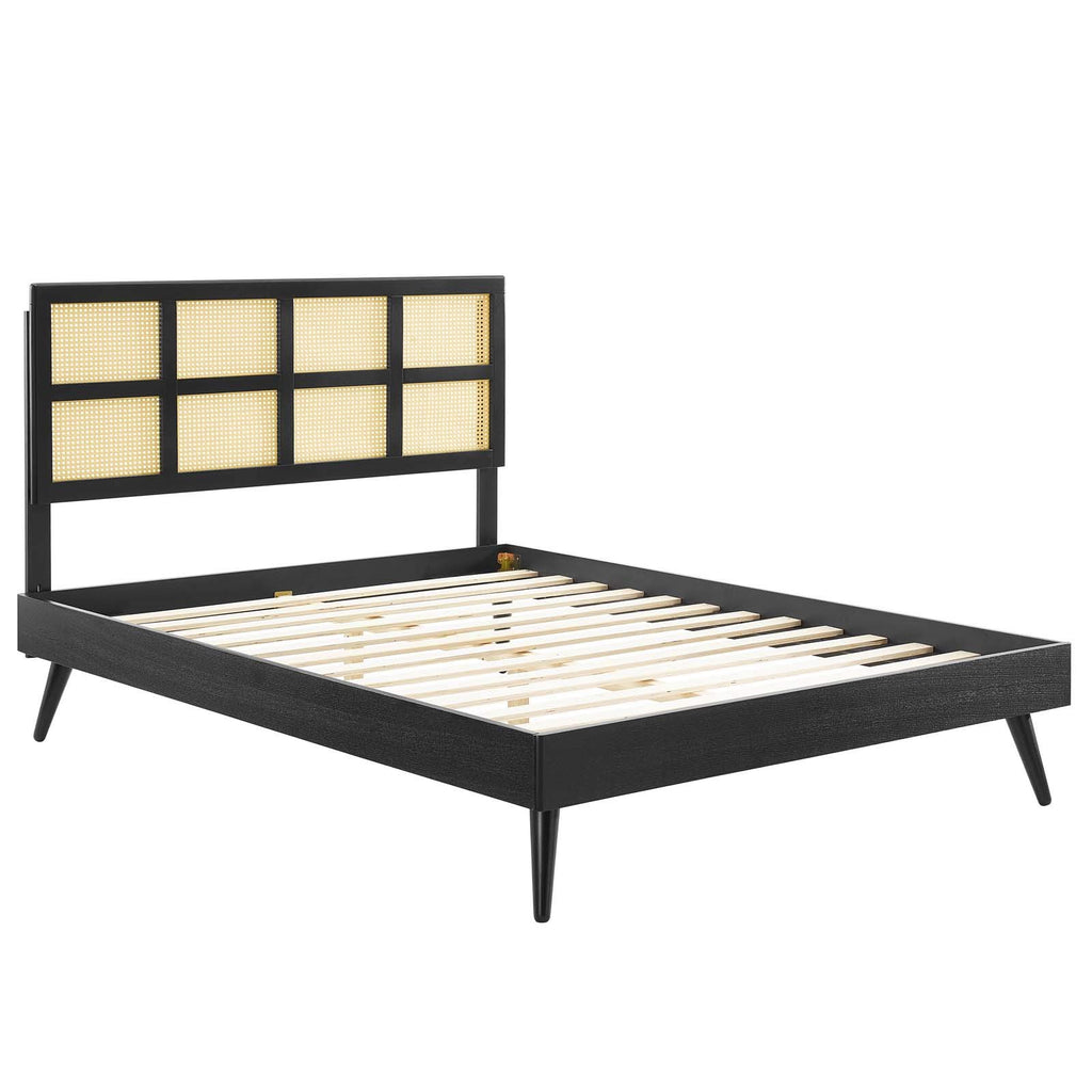Modway Sidney Cane Rattan And Wood King Platform Bed In Black With Splayed Legs