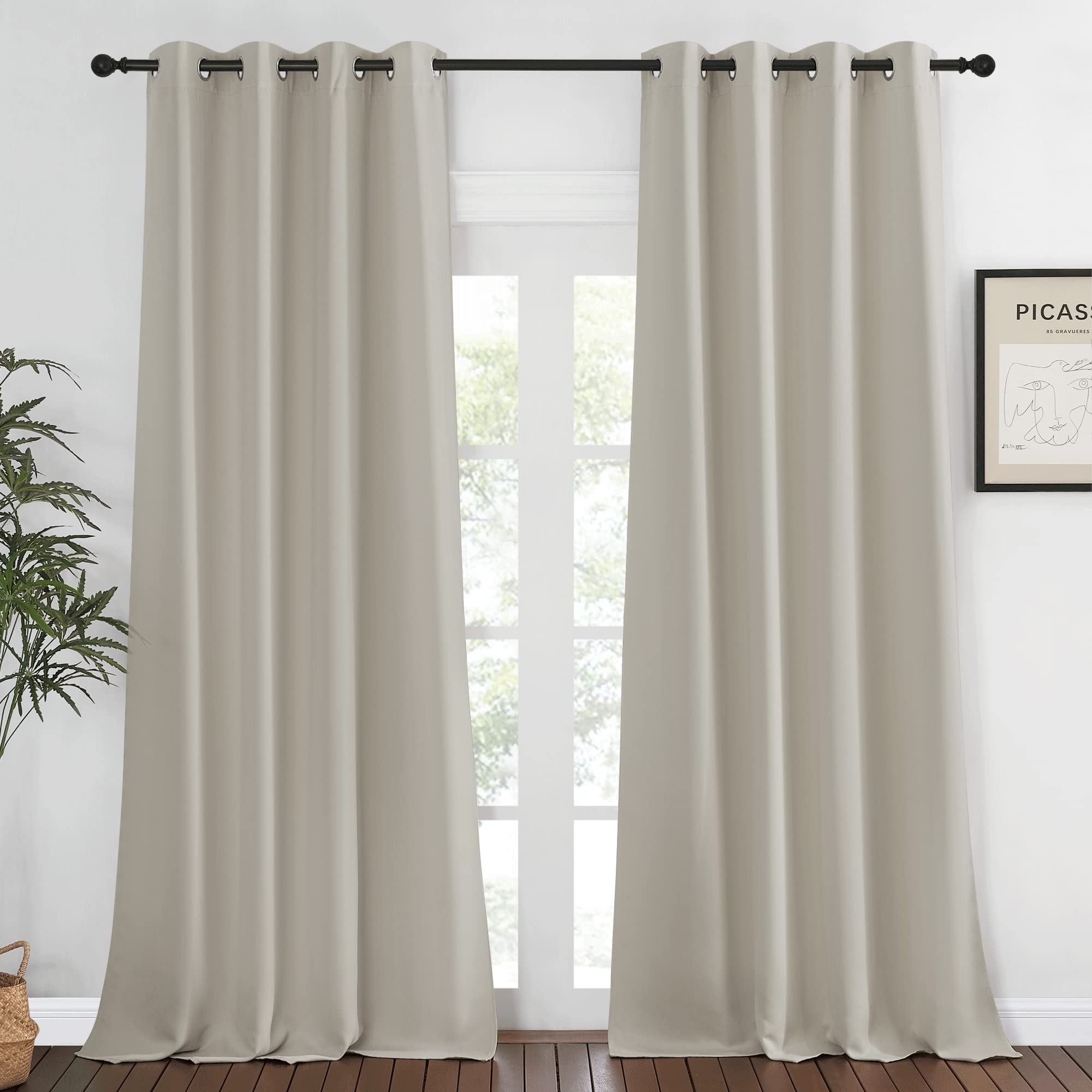 NICETOWN Blackout Natural Curtain for Living Room - Grommet Thermal Insulated Solid Room Darkening Thermal Curtain Drape Sound R