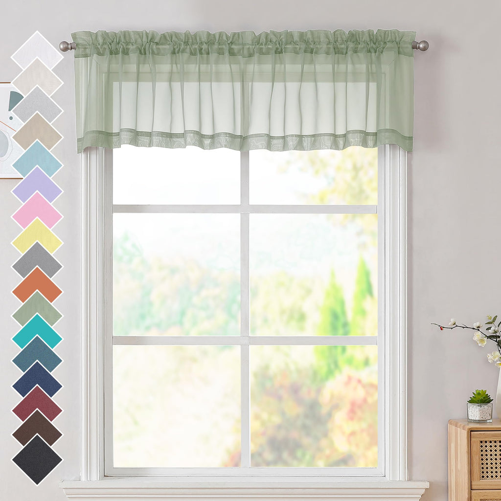 Ovzme 2 Panels Sage Green Sheer Valance - Short Fresh Sheer Curtain Valances For Windows Basement Semi Sheer Valances For Kitche
