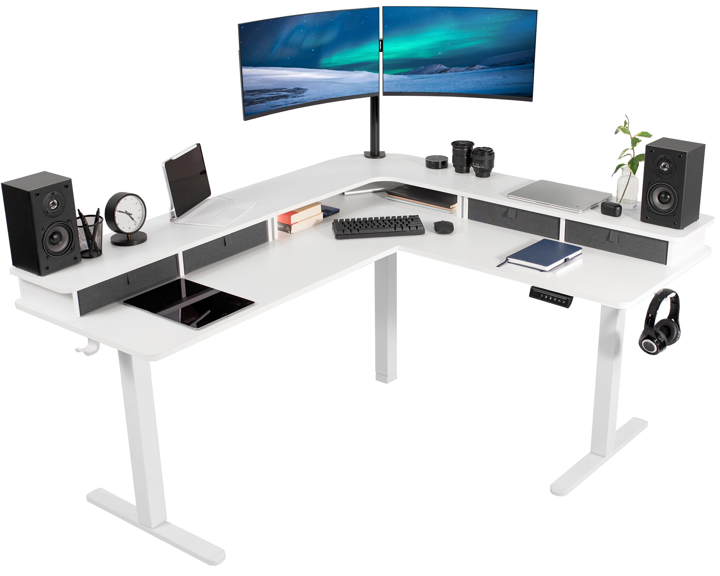 VIVO Electric 2-Tier Corner L-Shaped 63 x 55 inch Standing Desk, Height Adjustable, Memory Controller, White Top White Frame, Da