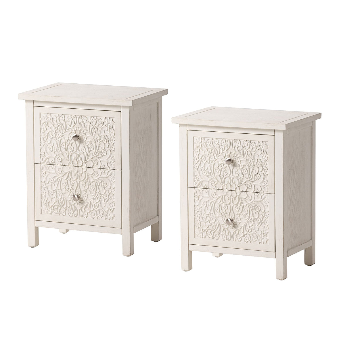 COZAYH Set of 2 Farmhouse Fully-Assembled Nightstand with 2-Drawer, Flower Motif End Table for Small Spaces, French Country, Mod