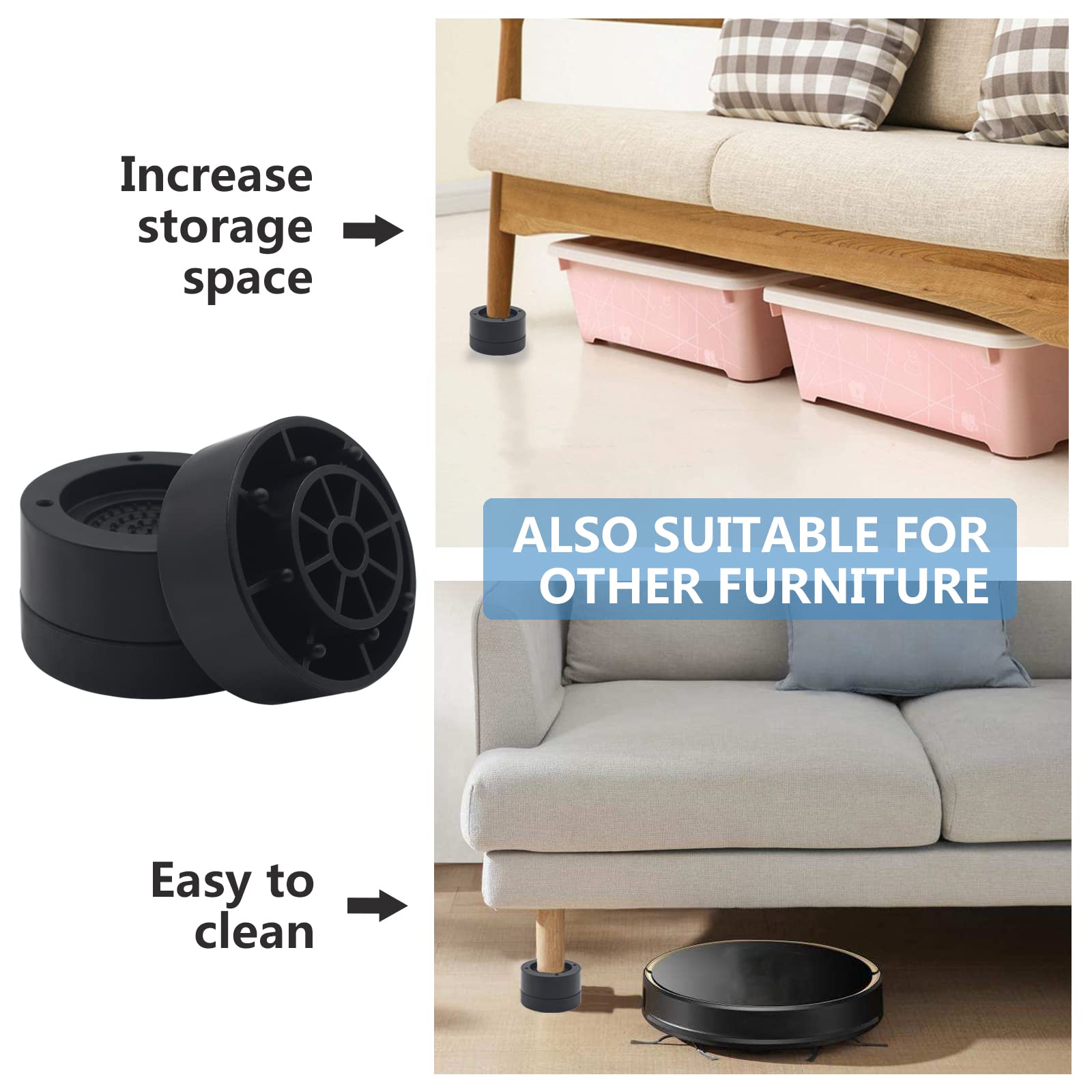 Hanihua 4 Sets Furniture Risers 1 Inch Black Bed Risers, Heavy Duty Bed Lifts Risers For Table, Sofa, Couch, Desk, Adjustable Be