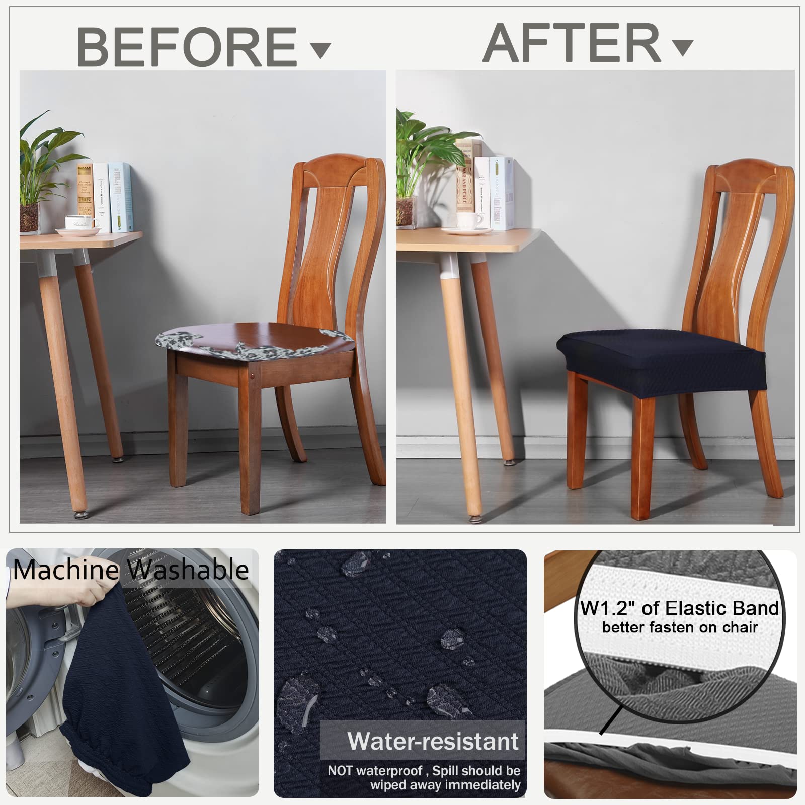 Buyue Fast Installation Dining Room Chair Covers Set Of 6, Luxury Stretch Jacquard Seat Slipcovers For Kitchen Armless Chairs, Rear Gapped- Navy Blue- 6