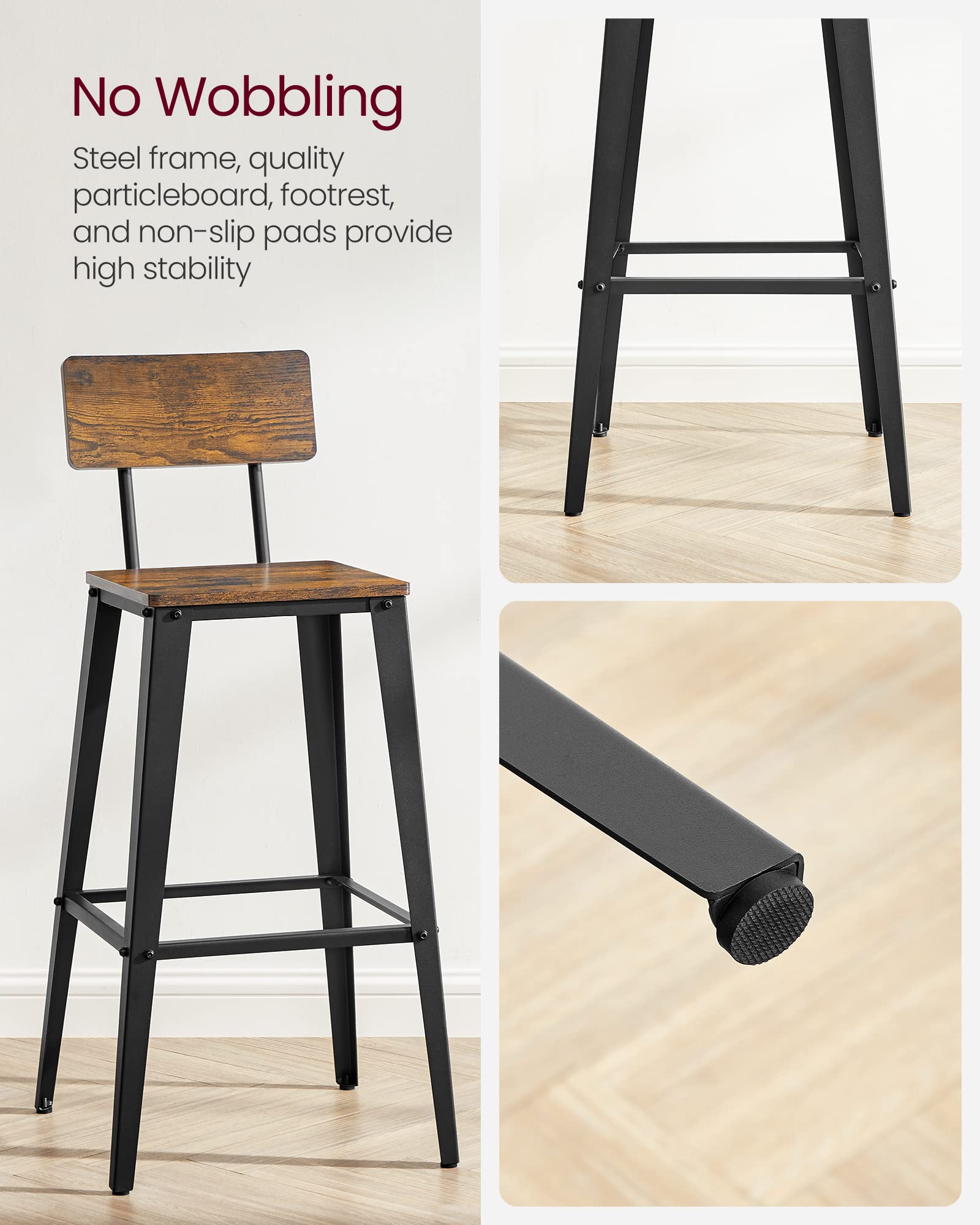 Vasagle Set Of 4 Bar Stools, Bar Height Stools, Tall Bar Stools With Back, Bar Chairs, Steel Frame, Industrial Style, Easy Assembly, Rustic Brown And Ink Black Ulbc278B01
